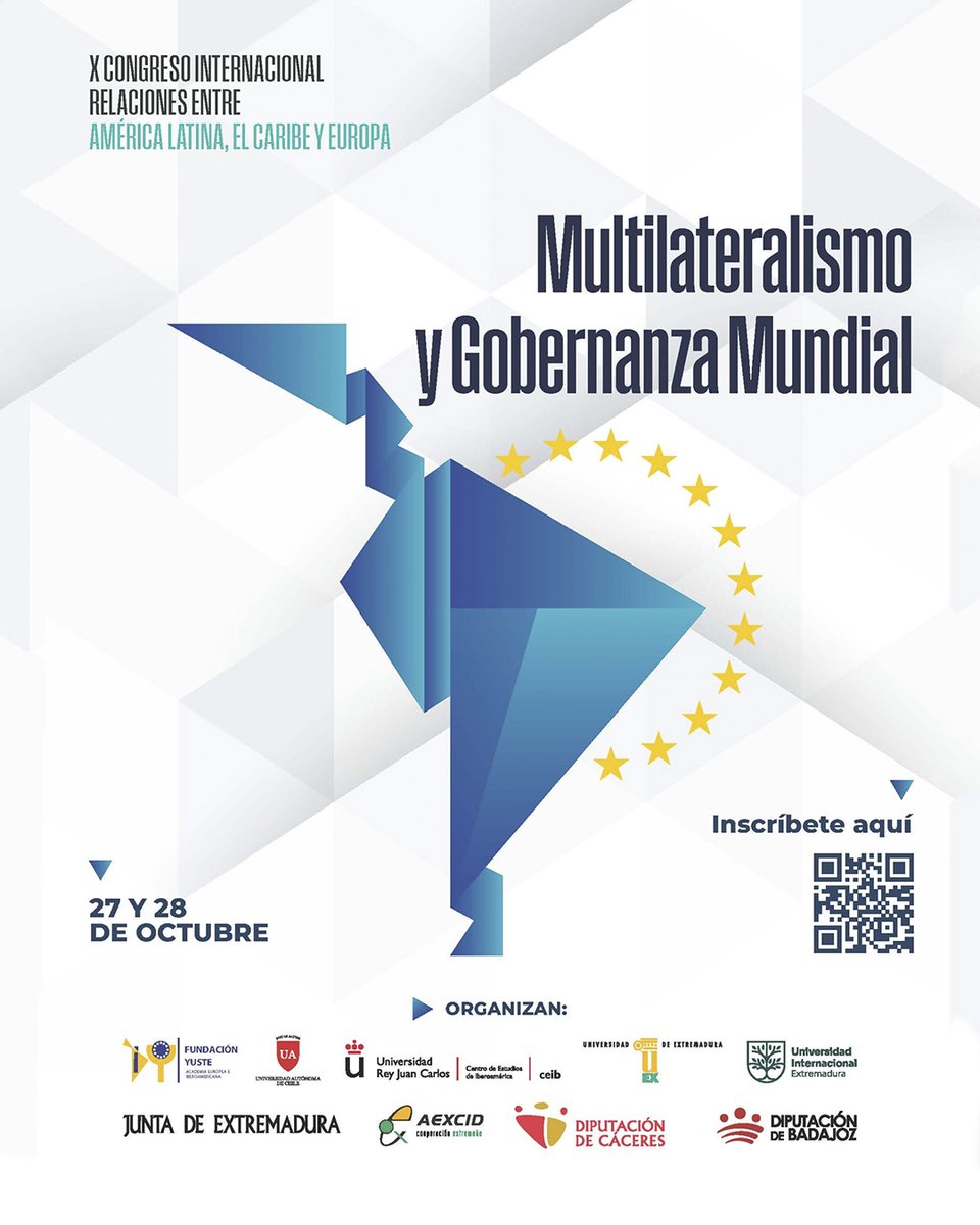 fundacionyuste's tweet photo. 🌍  La Fundación Academia Europea e Iberoamericana de Yuste, junto a la  @infouex  y la @urjc , organiza el X Congreso Internacional  “Relaciones entre América Latina, el Caribe y Europa”: “Multilateralismo  y Gobernanza Mundial”, que tendrá lugar los días 27 y 28 de octubre de  2026 en la @autonomadechile en Santiago de Chile.

Por primera  vez, Chile será sede de este congreso internacional, uno de los espacios  de referencia para el análisis y el diálogo sobre las relaciones entre  Europa, América Latina y el Caribe. Durante dos jornadas, la capital  chilena reunirá a académicos, investigadores y especialistas para  abordar los desafíos de un mundo en profunda transformación.

¡Inscríbete ya y únete al debate!
https://t.co/ME9DiuZ1qb

También podrás seguirlo en streaming:
Día 27 de octubre
https://t.co/xxTmG1Um5C

Día 28 de octubre
https://t.co/HMxFGj8qrQ

#CongresoYuste  #CongresoInternacional #AmericaLatinaCaribeEuropa  #MultilateralismoyGobernanzaMundial #RelacionesInternacionales  #Chile2026 #FundacionYuste

@presidenciaEXT 
@exteriorEXT 
@PabloHurtadoExt 
@fernandopgp 
@fundacionyuste
@uninde_es 
@AEXCID_ 
@DipprovCaceres 
@DipdeBadajoz 

🌐 https://t.co/eG8CSf2jsC