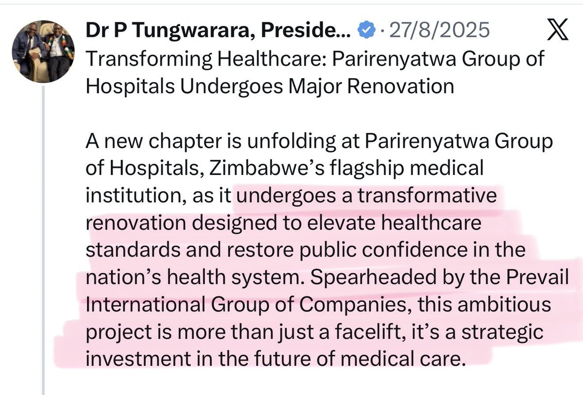 advocatemahere's tweet photo. 🔸On the 27th of August 2025, Mr Tungwarara told the public that his company was renovating Parirenyatwa Hospital @PGHZIM with critical upgrades and emergency services. If this is true, why was he airlifted to South Africa? Why was he not taken by an ambulance to Parirenyatwa?

We need new leaders.🇿🇼