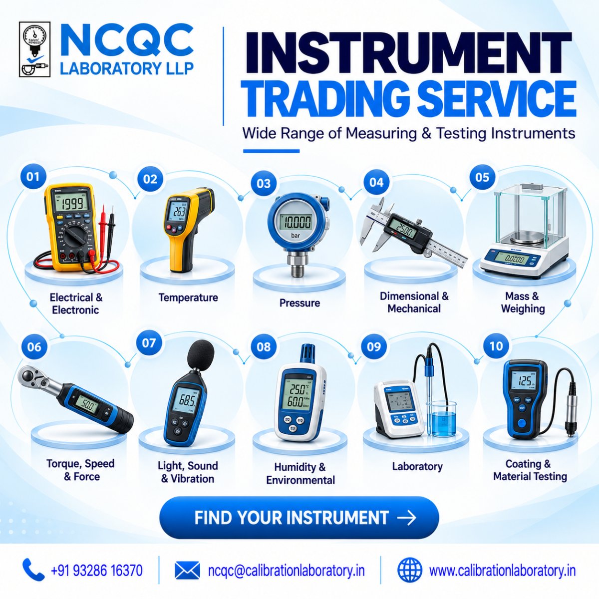 NcqcLab's tweet photo. 🔧 Find the right measuring &amp; testing instrument for your application with NCQC Laboratory LLP. From electrical, temperature &amp; pressure to dimensional, laboratory &amp; material testing—explore our Instrument Trading Service.

📞 +91 93286 16370
🌐 https://t.co/sSxjxfOwHi https://t.co/qI8Zq7IEX7