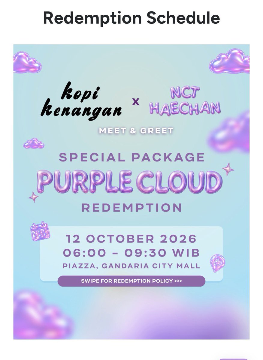 mochiesklim's tweet photo. MNG HAECHAN X KOPI KENANGAN

- War tiket di web https://t.co/R8nCPYDUc7 tgl 7-9 Oktober start jam 12.00 WIB
- PERLU REGISTRAI EMAIL/AKUN DULU YA DI WEBNYA
- ⁠Package bisa dibeli seharga 750.000 (belum termasuk pajak dan admin 5.000)
- 1 orang hanya boleh membeli 1 package
 ⁠(kalo berhasil beli package itu udah pasti dapet tiket)
- 1 email, 1 KTP, 1 No HP dibatasi untuk 1 transaksi
- ⁠Acaranya di Main Atrium Gandaria City jam 19.00 WIB
- Redemption tiket tgl 12 Oktober jam 06.00-09.30 WIB (yang sudah berhasil secured)
- ⁠Ada SN (seating number) random

Ada yg mau nambahin??
