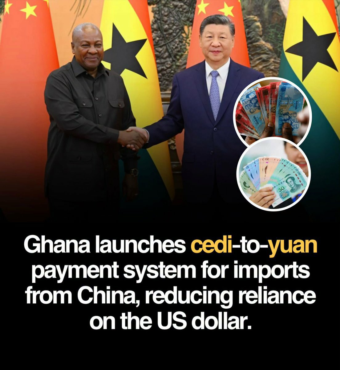 AfricanJesu's tweet photo. In the past for Ghana to trade with China, it had to borrow costly $dollars to settle bills.

Clearance of the money via SWIFT is slow, takes up to 4 days, high transaction fees.

Today it's direct cedi-to-yuan, quick clearance, low fees 🫱🏿‍🫲🏼

We need this for the rest of Africa. https://t.co/BSCIk4QCZU