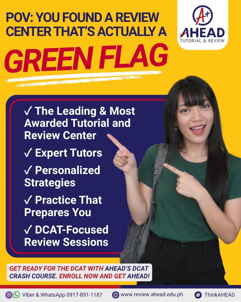 ahead_review's tweet photo. Ready to make your De La Salle College Admission Test prep count? Find the right review center that actually gets you the green flag you need.
Get ready with AHEAD’s DCAT Crash Course! 💚📚
Visit us at https://t.co/0O9LTH1HDq
#AHEAD #AHEADTutorialandReview #ThinkAHEAD https://t.co/XdQZkFDfC4