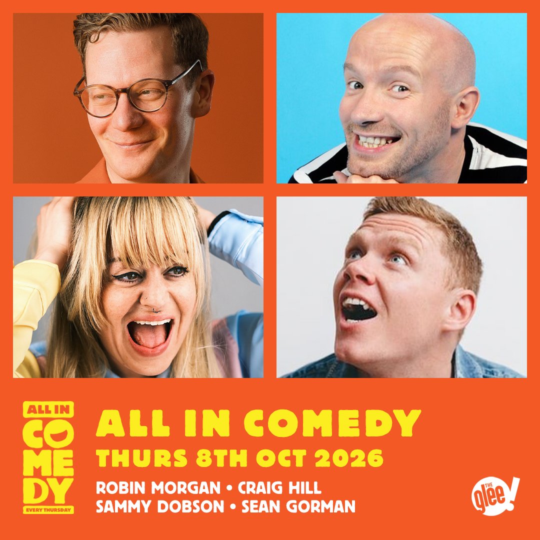GleeClubCardiff's tweet photo. 📅 Thursday: All In Comedy, featuring @robinjaymorgan, @mrcraighill, @sammytdobson &amp; Sean Gorman

A fast-paced, inclusive &amp; spontaneous show. Expect big laughs &amp; good vibes

Tickets 🎟️ https://t.co/TffCQZSNsd https://t.co/Rz4cuIb1lB