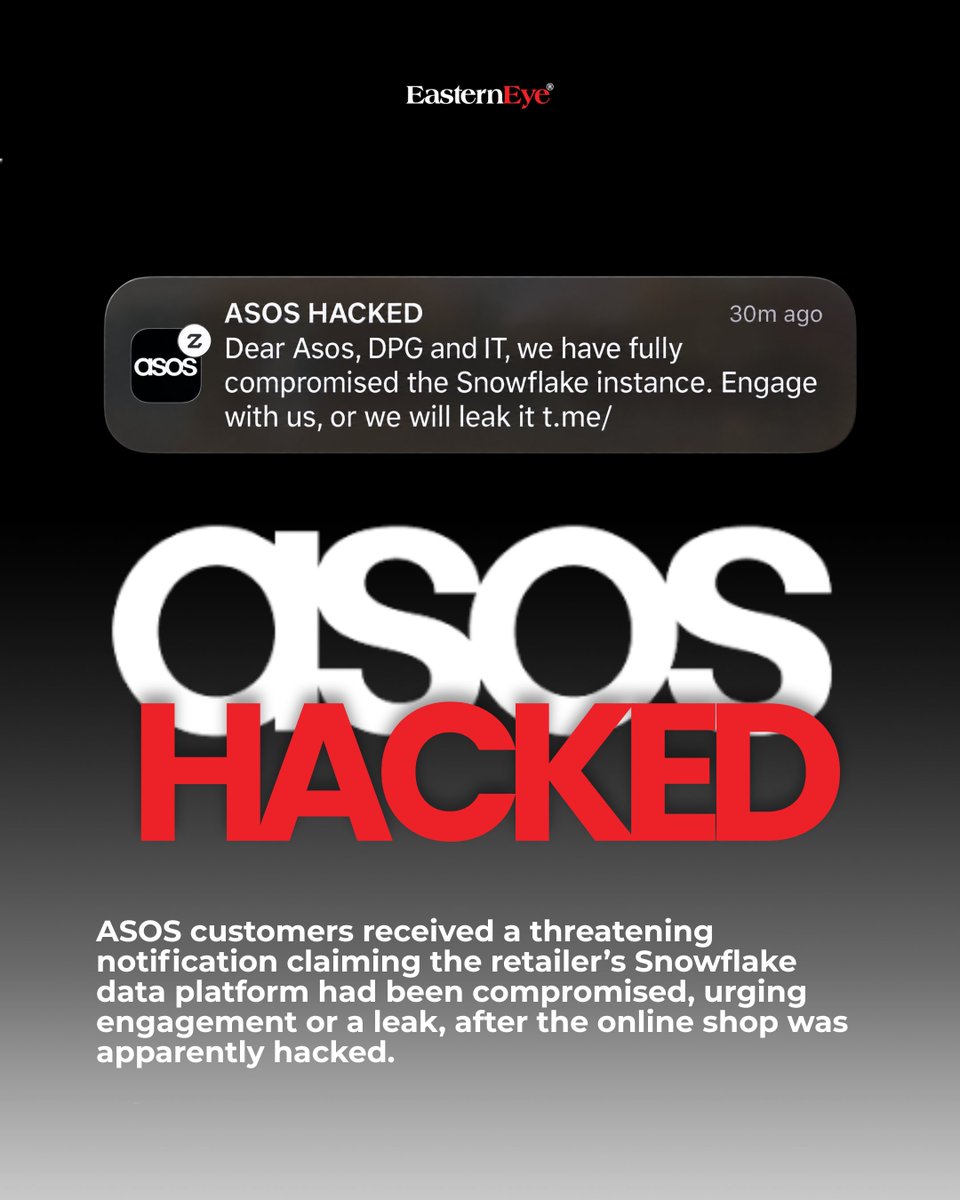 EasternEye's tweet photo. BREAKING: Thousands of ASOS customers woke up to an official app push notification titled "ASOS HACKED".
Did you get this alert? 👇
#ASOS #ASOSHacked #DataBreach #UKNews #CyberSecurity #EasternEye https://t.co/tic1E04lsw