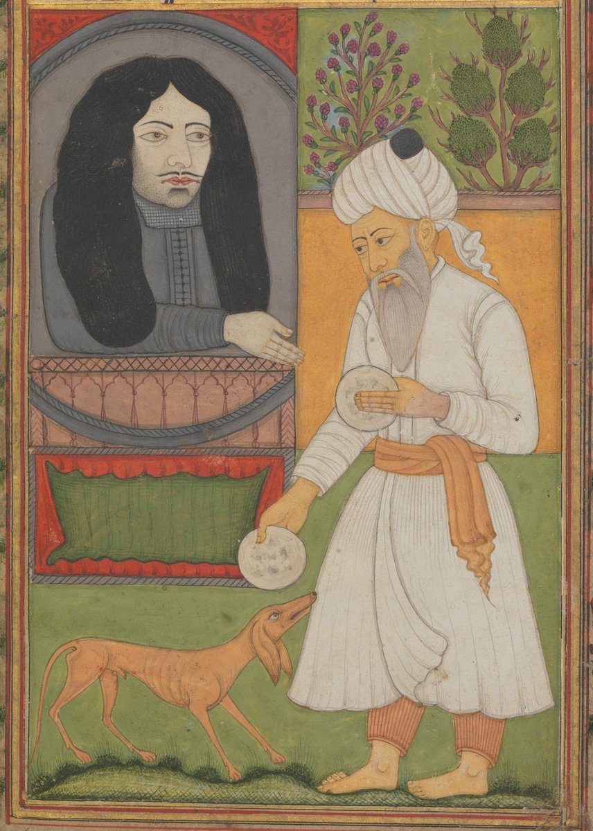 ibeenyoung_'s tweet photo. Charles II of England portrayed in a Mughal painting as the "infidel" who offers bread to a Muslim ascetic, who is then rebuked by a starving dog. c. 1690. https://t.co/hg1LXZeqKg