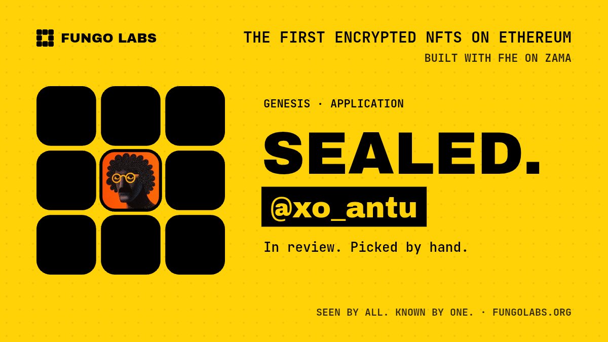 xo_antu's tweet photo. Encrypted NFTs are the missing piece.
Public ownership, private content. Fungo Labs is finally making that real on Ethereum with FHE. Excited to see what people actually seal.
@FungoLabs https://t.co/SoaiZtCqEl