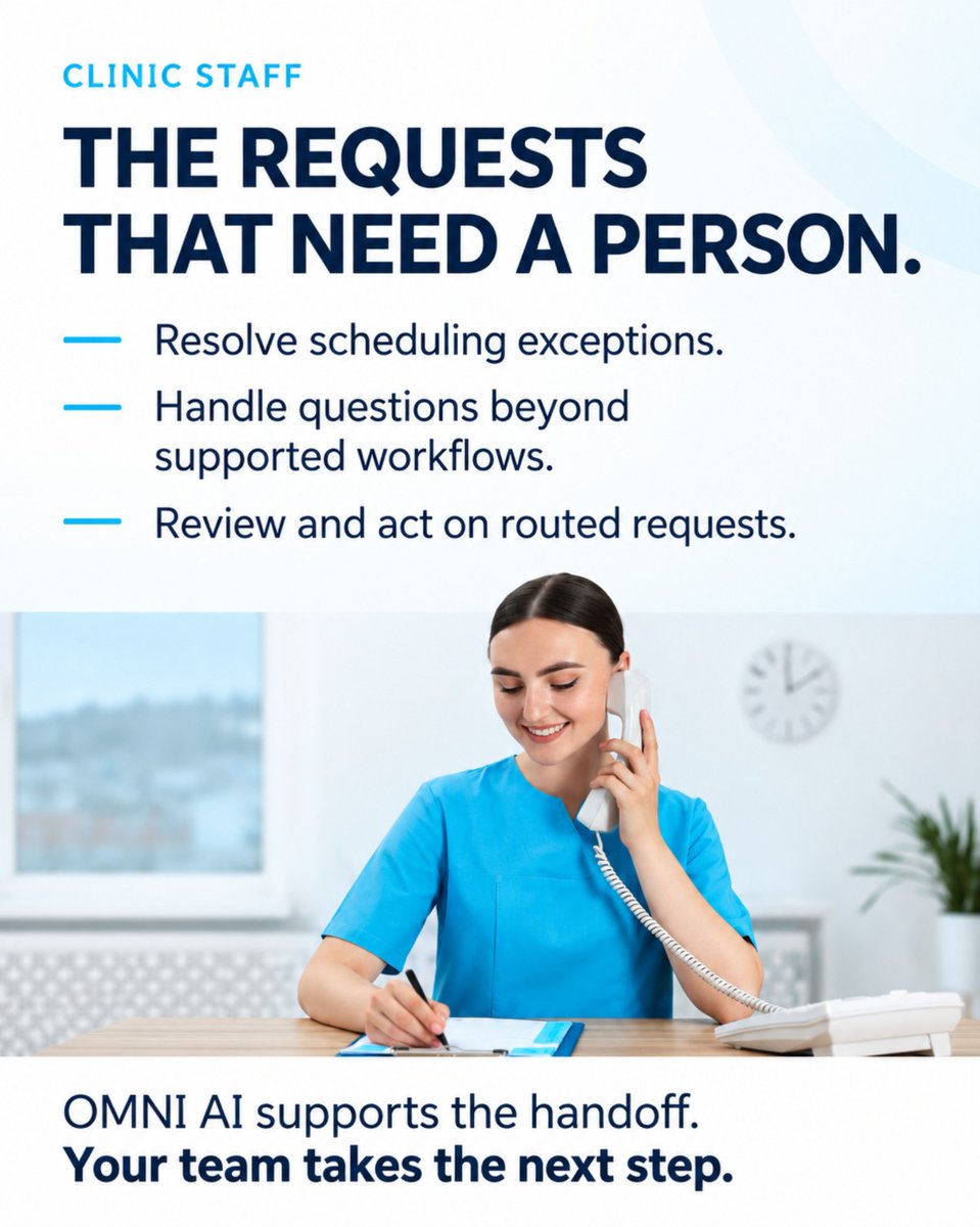 iclinic_'s tweet photo. An appointment change, a prescription approval, and a question needing staff review require different actions.

OMNI AI handles supported routine call tasks and documentation. 
.
.
#iClinicAI #PracticeManagement #PatientCommunication #HealthcareTechnology https://t.co/ul0nK4kXvP