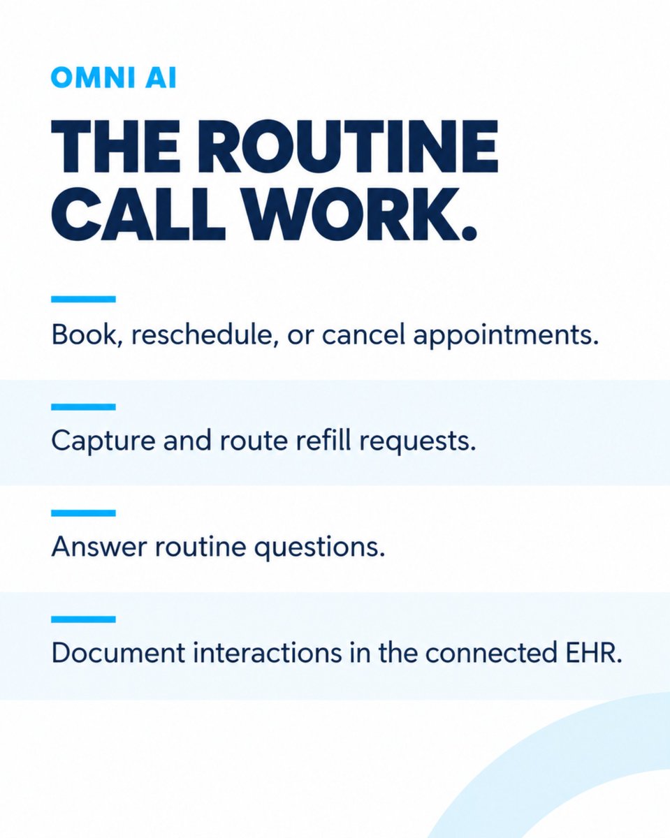 iclinic_'s tweet photo. An appointment change, a prescription approval, and a question needing staff review require different actions.

OMNI AI handles supported routine call tasks and documentation. 
.
.
#iClinicAI #PracticeManagement #PatientCommunication #HealthcareTechnology https://t.co/ul0nK4kXvP