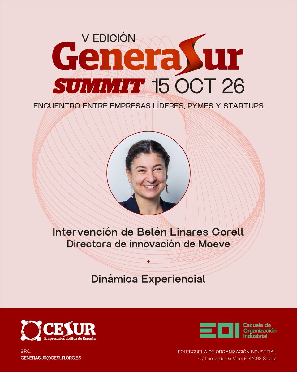 CesurEdelSur's tweet photo. 🕒 ¡Ya falta menos para la V edición de GeneraSur Summit de #CESUR!

💡 Una jornada para impulsar la #innovación en las organizaciones .

📅 Jueves, 15 de octubre 
⏰ 9:30 - 15:30 
📍 Sede @eoi Sevilla

 ¡Plazas limitadas! Más info e inscripciones: https://t.co/rzPY2WuVRe https://t.co/Sri4axWPwg