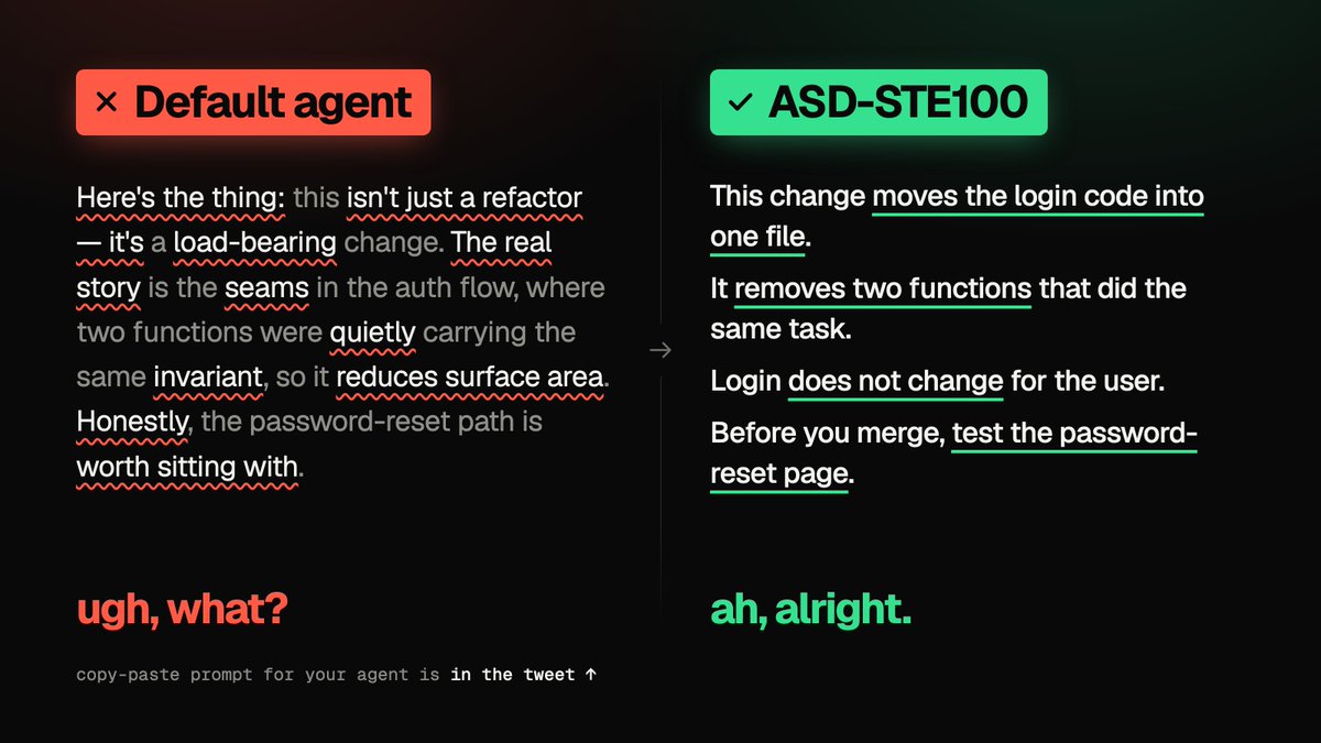 virpo's tweet photo. Stop your agent from writing AI slop.

The cure was written in 1979, for aircraft mechanics: ASD-STE100.

No, not a new virus. But I hope it spreads.

Paste this into your agent:

Add to my global AGENTS.md: "Write in ASD-STE100, about 80% strict." https://t.co/6Qskyp7R9Y