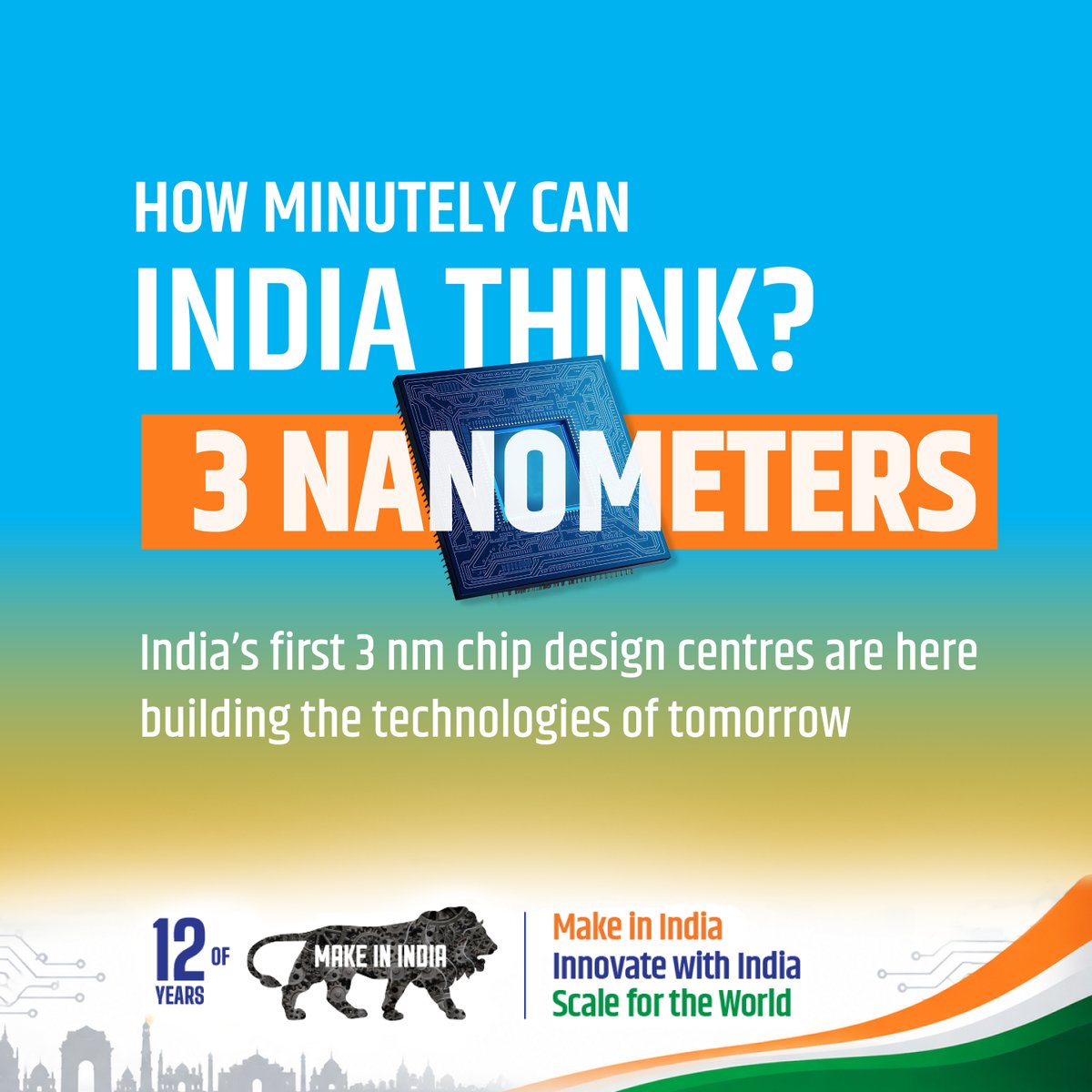 makeinindia's tweet photo. Chip precision is measured in nanometers, smaller means harder to master. India's first 3 nm chip design centres are now operational, working at the cutting edge of global semiconductor design. 
#12YearsOfMakeInIndia https://t.co/O0dHjWY5yv