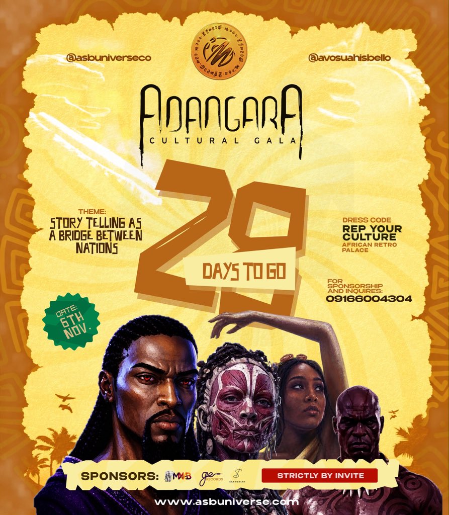 Gkellymediapr's tweet photo. ASB Universe presents The Adangara Cultural Gala, One night, Nigeria's cultures, one legend
Nov 6th 2026 for more info 
📱09166004304 &amp; follow @legendoftheoris &amp; @avosuahisbello for more info #Adangara #AsbUniverse #CulturalGala https://t.co/xdZWEfVhgO