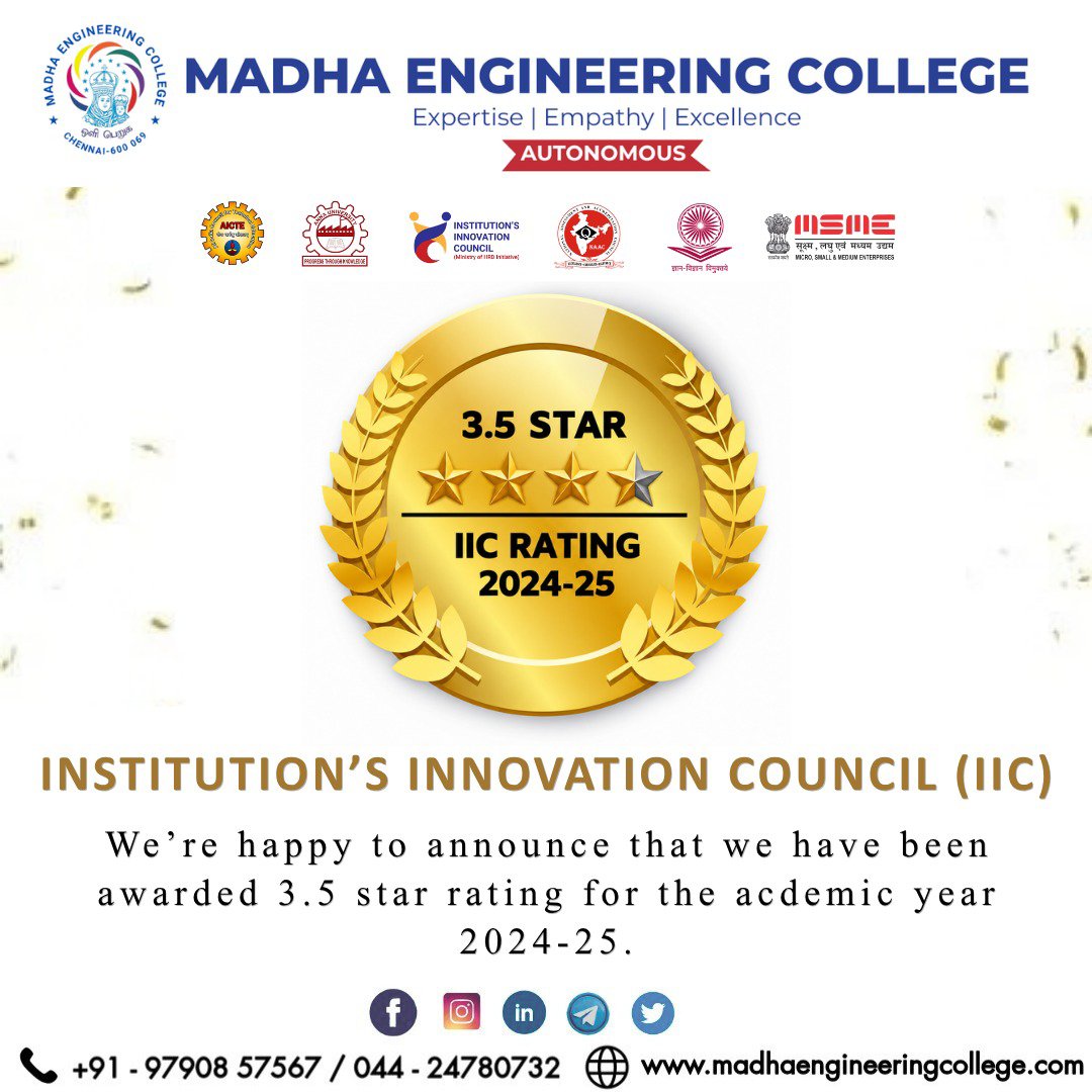 madhaengcollege's tweet photo. ๐ Proud moment for Madha Engineering College! ๐
We're delighted to announce that we've been awarded a 3.5 Star rating in the Institution's Innovation Council (IIC) Ratings 2024-25, an initiative of the Ministry of Education.
#madhaengineeringcollege #IICRating #IIC2024_25 https://t.co/bKEHrWtZVe