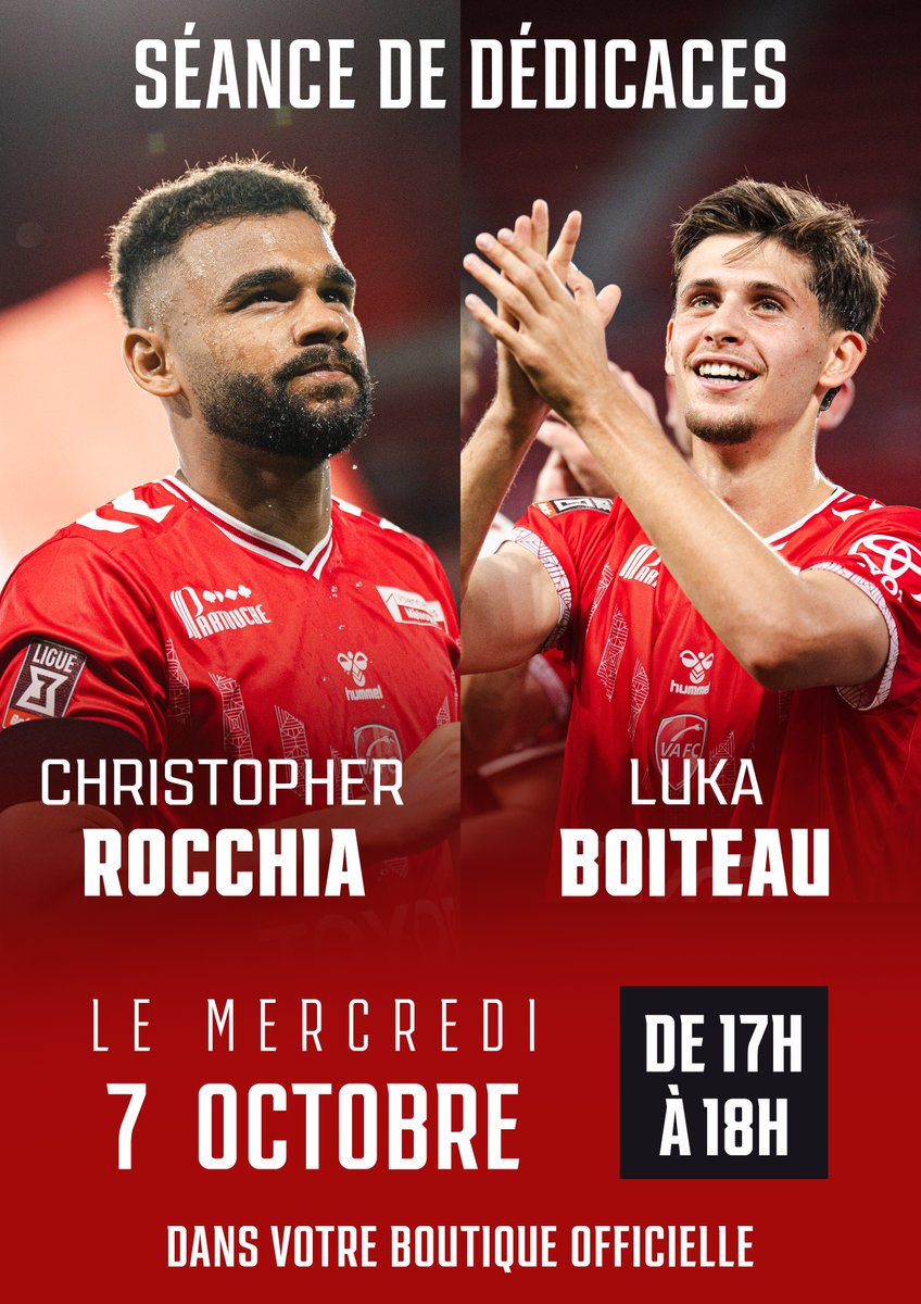 VAFC's tweet photo. Christopher Rocchia et Luka Boiteau vous donnent rendez-vous dans notre nouvelle boutique officielle pour une séance de dédicaces ! ✍️❤️🤍
🗓️ Mercredi 7 octobre
⌚️ De 17h à 18h
📍 10 rue Saint-Géry à Valenciennes
En savoir plus 📝 https://t.co/SzlT3iLzRq https://t.co/bk919TdMoz