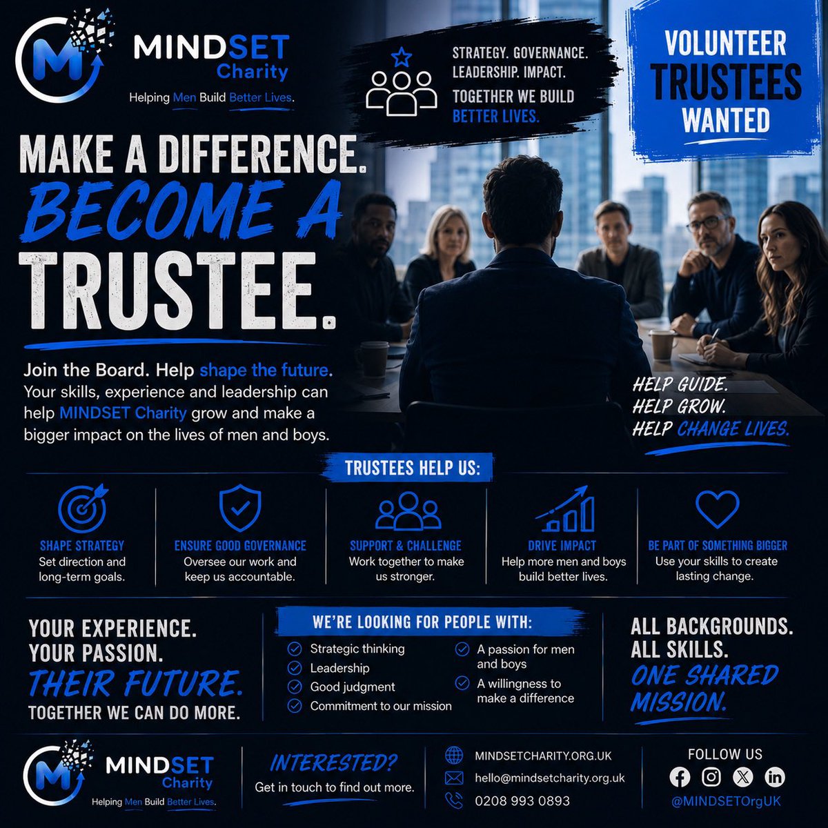 MINDSETOrgUK's tweet photo. JOIN TEAM MINDSET
VOLUNTEER
We’re on the look out for Trustees, ideally with experience in any of the following;
Ⓜ️ Fundraising 
Ⓜ️ Mental Health
Ⓜ️ Service Development 
Ⓜ️ Previous Trustee/Charity Experience 
to join our Board of Trustees and lead our start up charity in London. https://t.co/I7w81JG0Tw