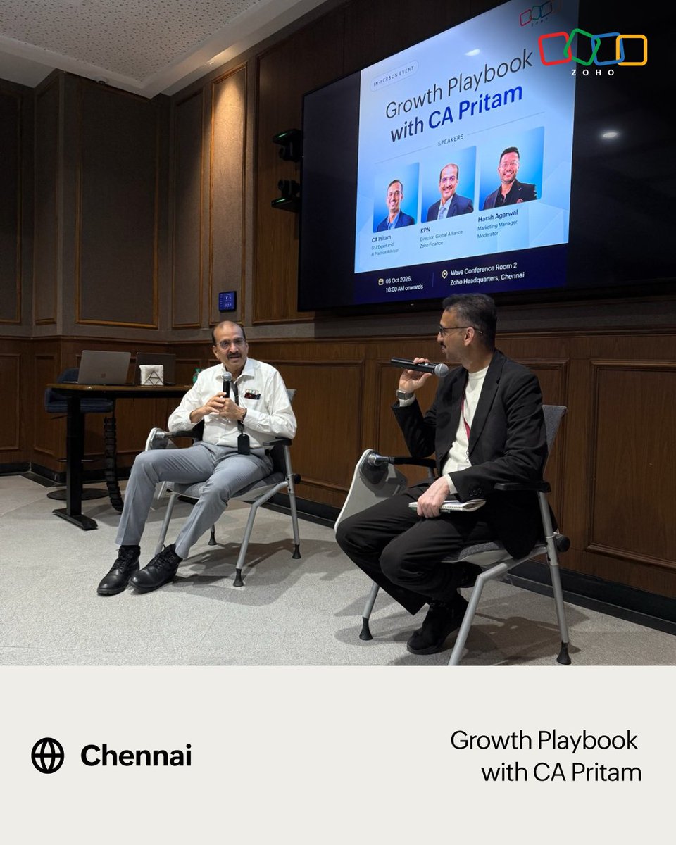 ZohoBooks's tweet photo. Growth, guided by community.

We recently hosted CA Pritam, author of the Growth Playbook, at the Zoho campus in Chennai for an interactive session with practicing Chartered Accountants.

What began as a conversation about helping CAs build advisory-led practices grew into a day of learning, discussion, and honest questions. Together we explored:

How CAs can grow beyond compliance with a clear playbook
How Zoho Books and the wider Zoho ERP ecosystem support a modern practice
What DPDP means for the profession and how to prepare
How the Zoho partner program lets CAs build alongside us

The CAs who joined left with their concepts clarified and plenty of ideas to take back to their firms. Their openness to change, and voices like CA Pritam's leading it, are what make this community so exciting to work with.

#Zoho #CAcommunity #GrowthPlaybook #DPDP #CharteredAccountants #ZohoERP #CommunityOutreach