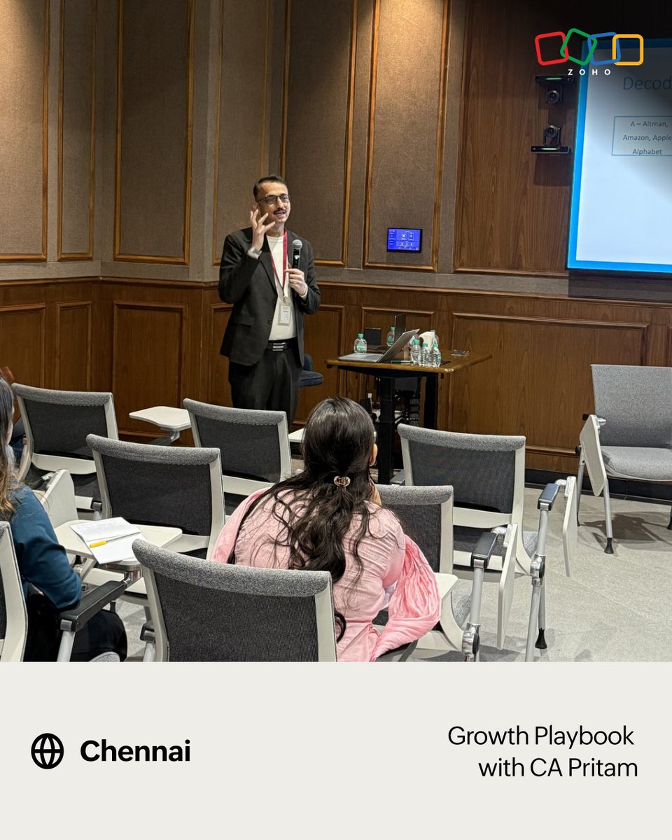 ZohoBooks's tweet photo. Growth, guided by community.

We recently hosted CA Pritam, author of the Growth Playbook, at the Zoho campus in Chennai for an interactive session with practicing Chartered Accountants.

What began as a conversation about helping CAs build advisory-led practices grew into a day of learning, discussion, and honest questions. Together we explored:

How CAs can grow beyond compliance with a clear playbook
How Zoho Books and the wider Zoho ERP ecosystem support a modern practice
What DPDP means for the profession and how to prepare
How the Zoho partner program lets CAs build alongside us

The CAs who joined left with their concepts clarified and plenty of ideas to take back to their firms. Their openness to change, and voices like CA Pritam's leading it, are what make this community so exciting to work with.

#Zoho #CAcommunity #GrowthPlaybook #DPDP #CharteredAccountants #ZohoERP #CommunityOutreach