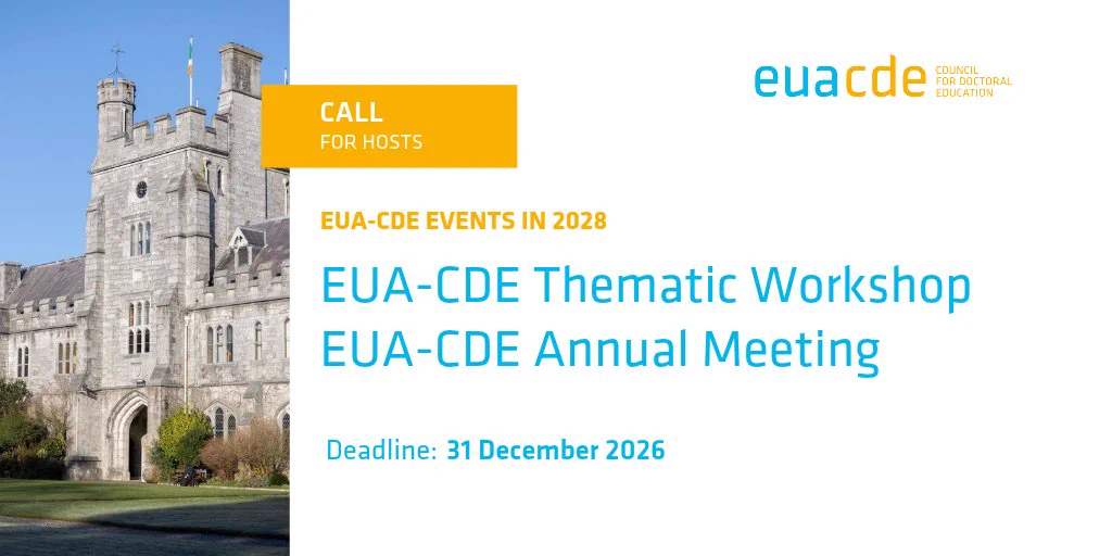 Promotional image for a call for hosts for EUA-CDE events in 2028, including the thematic workshop, annual meeting, and a final date of December 31, 2026. The background features the EUA-CDE logo.