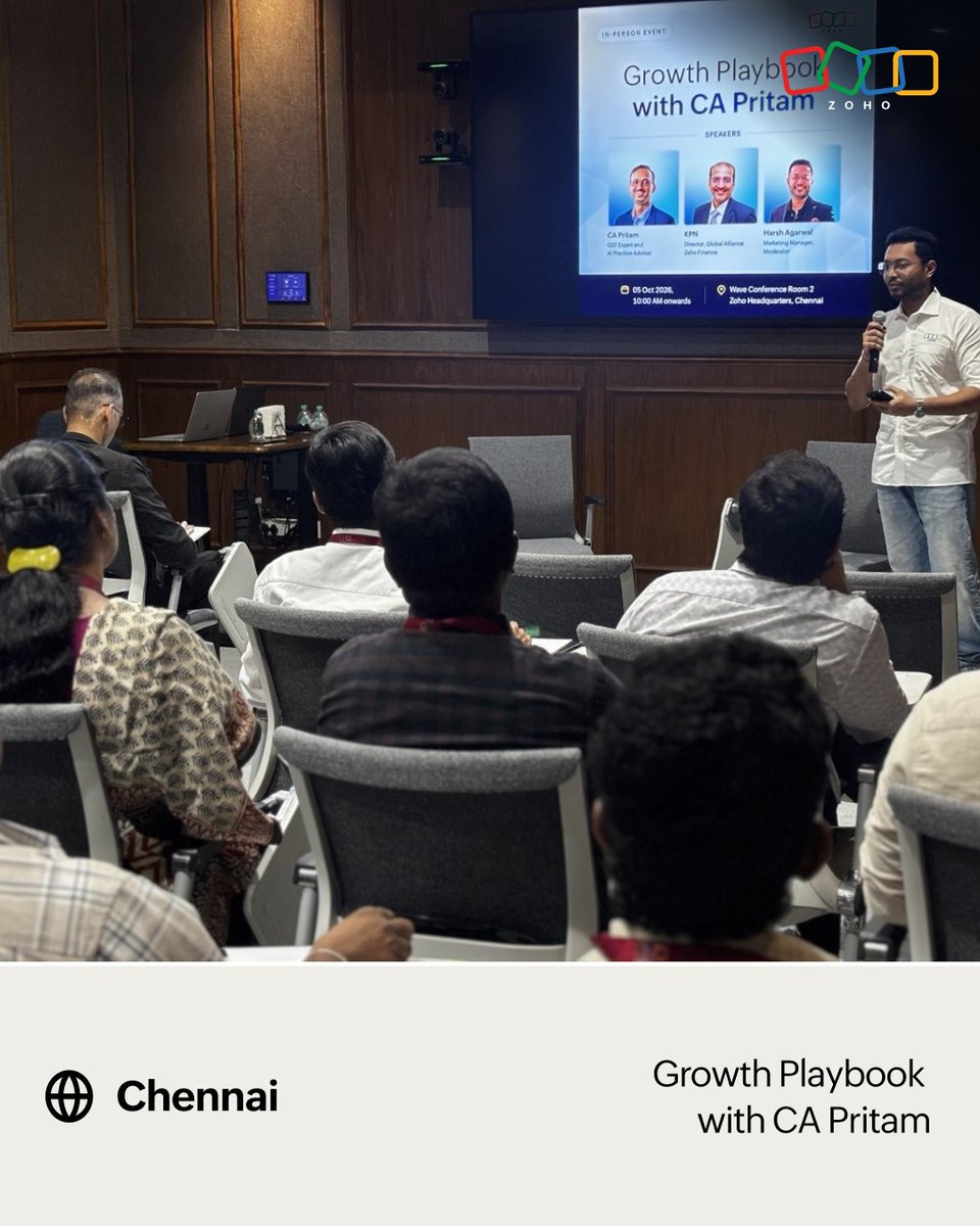 ZohoBooks's tweet photo. Growth, guided by community.

We recently hosted CA Pritam, author of the Growth Playbook, at the Zoho campus in Chennai for an interactive session with practicing Chartered Accountants.

What began as a conversation about helping CAs build advisory-led practices grew into a day of learning, discussion, and honest questions. Together we explored:

How CAs can grow beyond compliance with a clear playbook
How Zoho Books and the wider Zoho ERP ecosystem support a modern practice
What DPDP means for the profession and how to prepare
How the Zoho partner program lets CAs build alongside us

The CAs who joined left with their concepts clarified and plenty of ideas to take back to their firms. Their openness to change, and voices like CA Pritam's leading it, are what make this community so exciting to work with.

#Zoho #CAcommunity #GrowthPlaybook #DPDP #CharteredAccountants #ZohoERP #CommunityOutreach