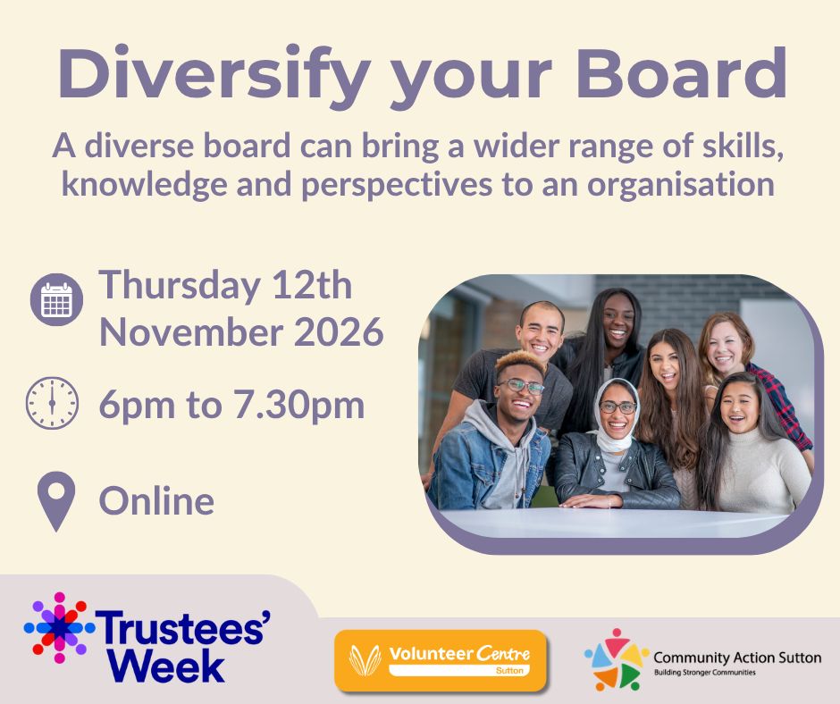 ComActionSutton's tweet photo. Our Diversify Your Board workshop will help trustees and committee members explore board diversity, widen participation and use a skills audit to identify valuable knowledge, experience and skills gaps.

Reserve your place: https://t.co/MboctBgw9Y 

#TrusteesWeek https://t.co/B2aSL8bH4g