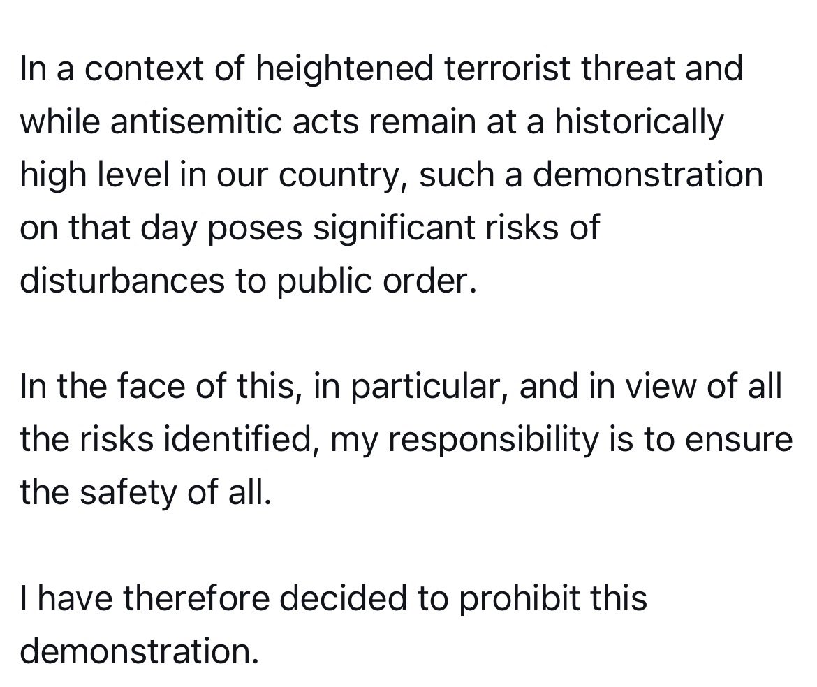 PolitlcsGlobal's tweet photo. 🚨🇫🇷 NEW: Paris Police have banned tomorrow’s “Against the genocide in Gaza and for respect of the ceasefire” protest in Paris, at the request of the French government https://t.co/XsHpjBPa6B