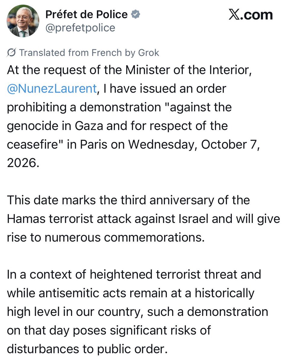 PolitlcsGlobal's tweet photo. 🚨🇫🇷 NEW: Paris Police have banned tomorrow’s “Against the genocide in Gaza and for respect of the ceasefire” protest in Paris, at the request of the French government https://t.co/XsHpjBPa6B