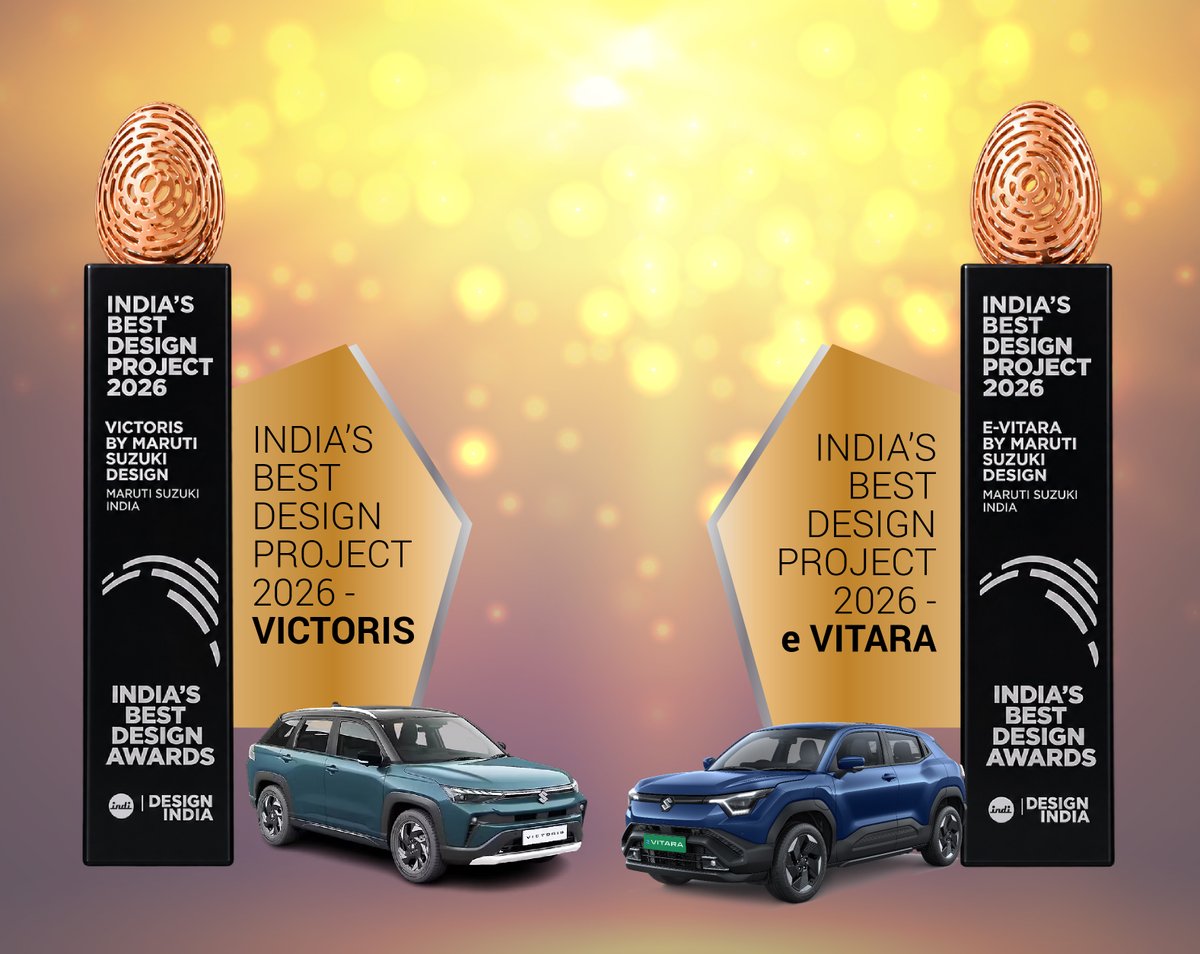 Maruti_Corp's tweet photo. Three wins. One exceptional design team. 

At India’s Best Design Awards 2026, Maruti Suzuki brought the accolades home
🏆India’s Best In-House Design Studio 2026 
🏆India’s Best Design Project 2026 - e VITARA
🏆India’s Best Design Project 2026 - VICTORIS

A celebration of the vision, craft and excellence of Maruti Suzuki Design India in creating customer-driven, future-ready mobility experiences. 

Congratulations, Team Maruti Suzuki Design!

#MarutiSuzukiDesign #IndianDesign #IBDA2026 #DesignIndia #TheDesignIndiaShow