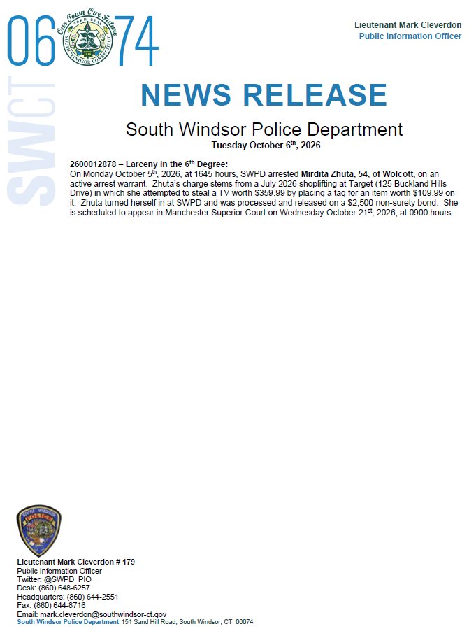 SWPD_PIO's tweet photo. Good morning #SW06074.

Attached is the news release for Tuesday, October 6th, 2026. https://t.co/AN9VIzJvHC