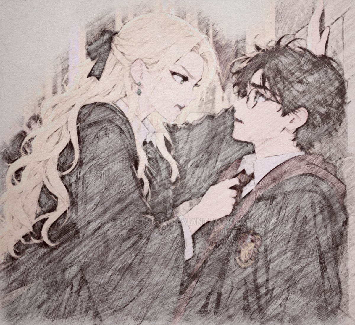 Radaneyuk's tweet photo. I need to take a break after this one I feel, and I hope the trend doesn't die before I continue! Although I might just continue regardless :P. I've been arting constantly the past few days but I hope you've enjoyed them! Added a bit of fanfiction again below.

#malfoid #femmalfoy #dracomalfoy #malfoy #art #harrypotterfanfiction ㅤㅤ
========

I found Potter alone in the corridor after dinner.

Good.

I'd been looking for him.

He barely had time to register me before I caught the front of his robes and shoved him back against the stone wall.

“Malfoy-”

“What were you thinking?”

His eyes widened behind those stupid round glasses.

I leaned closer.

“The troll, Potter. What exactly was the plan? March into the girls' toilets, get yourself flattened, and hope someone writes a flattering paragraph about you afterward?”

His surprise hardened into annoyance.

“Hermione was in there.”

“I know.”

That was precisely the problem.

I'd heard the story three times already. Potter and Weasley had gone after the troll because Granger hadn't known it was loose.

Idiots.

Especially Potter.

He'd actually gone toward the thing.

For her.

“So that's it?” I asked. “Granger gets herself trapped with a mountain troll and you decide to risk your neck saving a Mudblood?”

His face changed immediately.

“Don't call her that.”

I blinked.

Interesting.

My fingers tightened around his tie.

“What?”

“You heard me.”

There it was again.

That ridiculous Potter bravery.

He'd faced a twelve foot troll a few hours ago, and apparently that hadn't satisfied him, because now he was glaring at me as though I ought to be frightened.

I moved closer instead.

“You really are stupid, aren't you?”

“Get off me, Malfoy.”

“No.”

I gave his tie a small tug, bringing his face nearer mine.

He went slightly pink.

That improved my mood considerably.

“You could have been killed.”

“I wasn't.”

“But you could have been.”

“Why do you care?”

My thoughts stopped.

I stared at him.

Potter stared back.

“I don't,” I said.

Too quickly.

His eyebrows lifted.

I hated him.

“I just think,” I continued, recovering, “that it's rather pathetic. the great Harry Potter, throwing himself at a troll because Granger needed rescuing.”

“She could've died.”

“So?”

The word came out sharper than I'd intended.

His expression darkened.

And that annoyed me even more because I knew exactly what he was thinking.

Brave Potter.

Kind Potter.

Risking his life for people he'd barely known for months.

Perhaps the Sorting Hat had been right about him after all.

I hated that thought most of all.

“You'd have done it for anyone, then?” I asked.

“Yes.”

“Anyone?”

“Yes, Malfoy.”

“Weasley?”

“Yes.”

“Longbottom?”

“Yes.”

I hesitated.

“Me?”

Potter opened his mouth.

Nothing came out.

For some reason, my heart gave a ridiculous little thump.

Then he frowned.

“What's that got to do with anything?”

“Nothing.”

I should have let him go.

Instead, my gaze dropped to the Gryffindor tie twisted around my fingers.

Red and gold.

Hideous colours.

I thought of Granger crying in the toilets.

Potter hearing there was a troll.

Potter immediately running after her.

Something unpleasant curled in my stomach.
 
I looked back up at him.

“Do you fancy her?”

Potter stared.

“What?”
 
“Granger.”

His mouth fell open.

I immediately felt better.

“What are you talking about?”

“It's a simple question, Potter.”

“No, I don't fancy Hermione!”
 
“Then why did you nearly get yourself killed for her?” 
  
“Because she was in danger!”

He sounded genuinely bewildered.

I narrowed my eyes, searching his face.

“You're sure?”

“Yes!”

“Completely?”

“Yes!”

“Not even a little?”

“Malfoy!”

Good.
 
I released his tie.

Then I smoothed it down for him, because I'd wrinkled it and because the gesture made him go very still.

“Fine.”

Potter stared at me.

“What do you mean, fine?”

“I mean your taste isn't quite as dreadful as I thought.”

His eyes narrowed.

“Were you jealous?”

I froze.

Then I smiled.

Slowly.
 
Dangerously.

I put one hand against the wall beside his head and leaned in until there were only inches between us.

“Careful, Potter.”

His cheeks reddened.

Much better.

“You survived the troll,” I murmured. “Don't get overconfident.”
 
Then I turned and walked away before he could answer.
 
My face felt annoyingly warm. 

Behind me, Potter called, “You were jealous!”

I didn't turn around.

“Shut up, Potter!” 

His laughter followed me all the way down the corridor.
 
Insufferable boy.