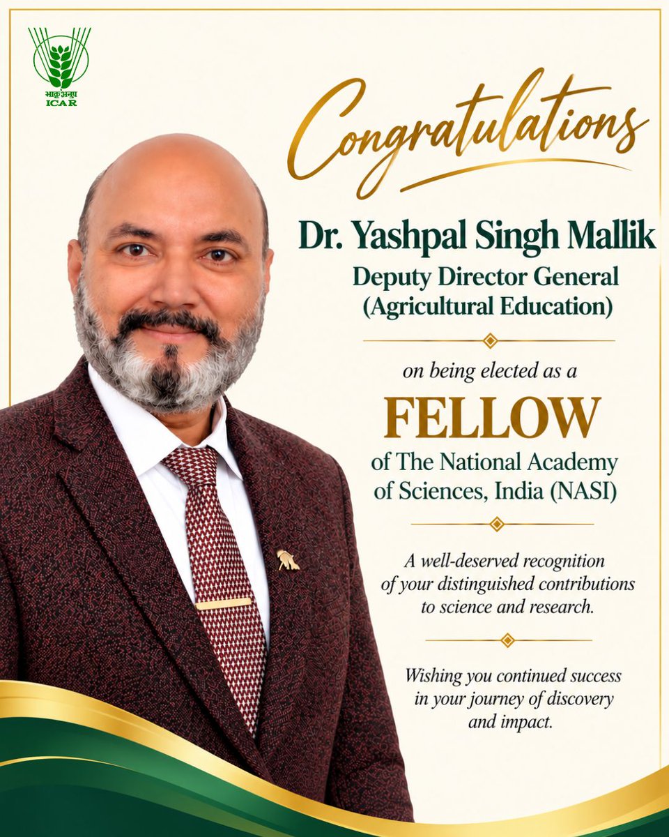 icarindia's tweet photo. Heartiest congratulations to Dr. Yashpal Singh Mallik, DDG (Agricultural Education), ICAR, on being elected Fellow of NASI. Wishing him continued success in science &amp; research! #ICAR https://t.co/yJFZ65D4li