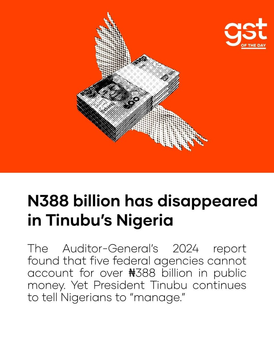 wearegst's tweet photo. Over 300 billion naira is missing across five government agencies without any concrete explanation. https://t.co/cZG5BtCmIE