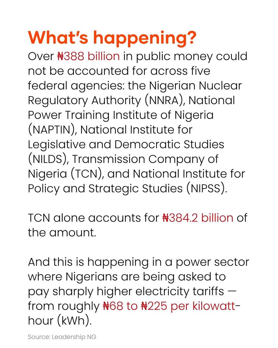 wearegst's tweet photo. Over 300 billion naira is missing across five government agencies without any concrete explanation. https://t.co/cZG5BtCmIE
