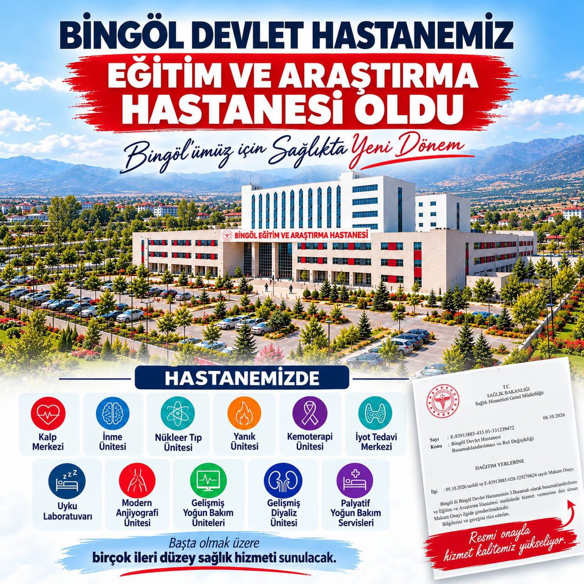 celikcahit's tweet photo. BİNGÖL DEVLET HASTANEMİZ, EĞİTİM VE ARAŞTIRMA HASTANESİ OLDU.

Bingöl’ümüzde sağlık hizmetlerinde yeni bir dönem başlıyor.

Bingöl Eğitim ve Araştırma Hastanemiz; ileri teknoloji, modern tıbbi altyapı ve nitelikli insan gücüyle yalnızca şehrimize değil, bölgemize de hizmet verecek önemli bir sağlık merkezi olacak.

Hastanemizde;

🔹 Kalp Merkezi
🔹 İnme Ünitesi
🔹 Nükleer Tıp Ünitesi
🔹 Yanık Ünitesi
🔹 Kemoterapi Ünitesi
🔹 İyot Tedavi Merkezi
🔹 Uyku Laboratuvarı
🔹 Modern Anjiyografi Ünitesi
🔹 Gelişmiş Yoğun Bakım Üniteleri
🔹 Gelişmiş Diyaliz Ünitesi
🔹 Palyatif Yoğun Bakım Servisleri

başta olmak üzere birçok ileri düzey sağlık hizmeti sunulacak.

BİNGÖL, SAĞLIKTA BÖLGESEL BİR MERKEZ OLUYOR.

🎓 Eğitim ve Araştırma Hastanesi kimliğiyle Bingöl’ümüz; sağlık hizmetlerinin yanı sıra eğitim, bilimsel araştırma ve uzmanlık eğitimi alanlarında da önemli bir kapasiteye kavuşacak.

Bu dönüşümle birlikte vatandaşlarımızın ileri tetkik ve tedavi hizmetleri için başka illere gitme ihtiyacını azaltacak, daha kapsamlı, nitelikli ve erişilebilir sağlık hizmetlerini şehrimizde sunacağız.

Bu büyük dönüşüm;

Bingöl için güçlü sağlık altyapısı,
Bingöl için güçlü gelecek,
Bingöl için sağlıkta yeni bir dönem demektir.

Bu önemli yatırımın gerçekleşmesinde başta Sağlıkta Dönüşüm Programı’nın mimarı Cumhurbaşkanımız Sayın Recep Tayyip Erdoğan olmak üzere; Cumhurbaşkanı Yardımcımız Sayın Cevdet Yılmaz’a, Sağlık Bakanımız Sayın Prof. Dr. Kemal Memişoğlu’na, Milletvekillerimiz Sayın Feyzi Berdibek ve Sayın Zeki Korkutata’ya, Sağlık Bilimleri Üniversitesi Rektörümüz Sayın Prof. Dr. Kemalettin Aydın’a, Bingöl Belediye Başkanı Erdal Arıkan’a, AK Parti İl Başkanı Yılmaz Seven’e, İl Sağlık Müdürümüz Samet Tatlı’ya ve emeği geçen herkese teşekkür ediyorum.

🇹🇷 Bingöl’ümüze hayırlı, uğurlu olsun.