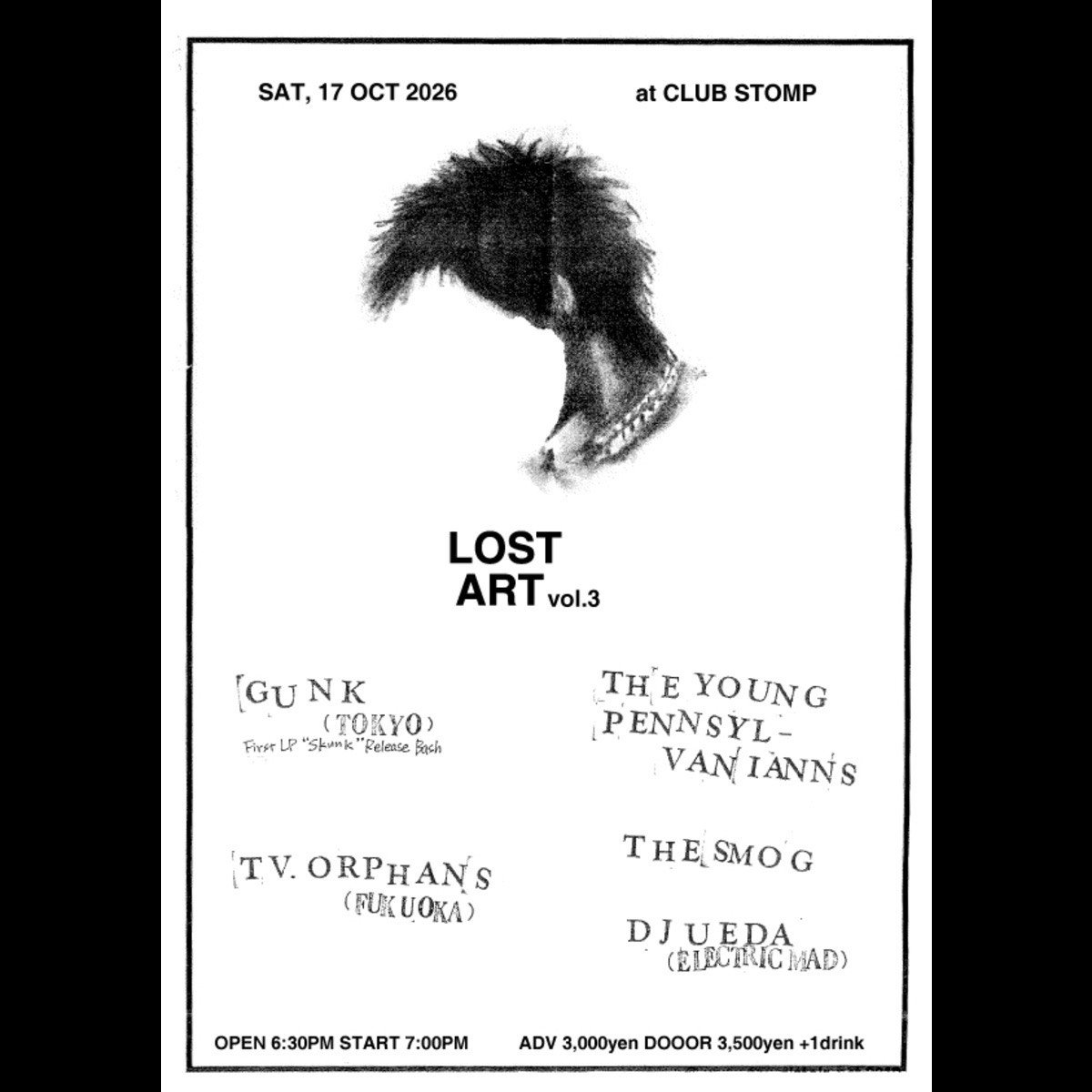 kurach66's tweet photo. 来週末､大阪でLiveです♪ 
近郊の方は是非～

LOST ART vol.3
Gunk First LP "Skunk" Release Bash
2026/10/17(SAT)
at Club Stomp
Open:6:30PM Start:7:00PM
ADV:3,000yen DOOR:3,500yen +1drink

GUNK (Tokyo)
tv.orphans 
The Young Pennsylvanians
The Smog
DJ : Ueda (Electric Mad) https://t.co/eW324gaZOR
