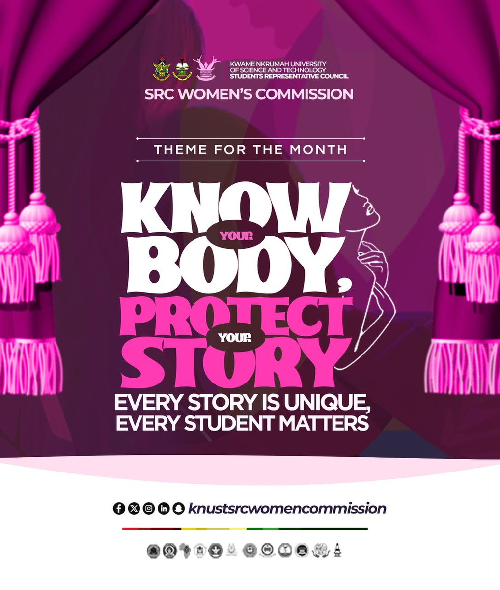 srclnugswocom's tweet photo. Your body. Your story. Your power💜

Every student's journey is entirely unique, and your well-being matters. 

Join the KNUST SRC Women’s Commission as we dive into this month's essential theme: ‘Know Your Body, Protect Your Story’

Stay tuned for our upcoming programs! https://t.co/PajKbxtiUH