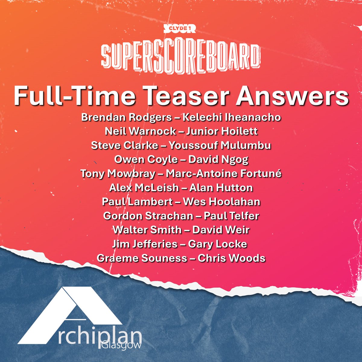 ClydeSSB's tweet photo. ⏪ Last night's #FullTimeTeaser answers – how many did you manage?

💬 Email yours to fulltime@clyde1.com

🕕 We'll have another teaser with Archiplan Glasgow after 6pm tonight https://t.co/S2hsV3ZSIc