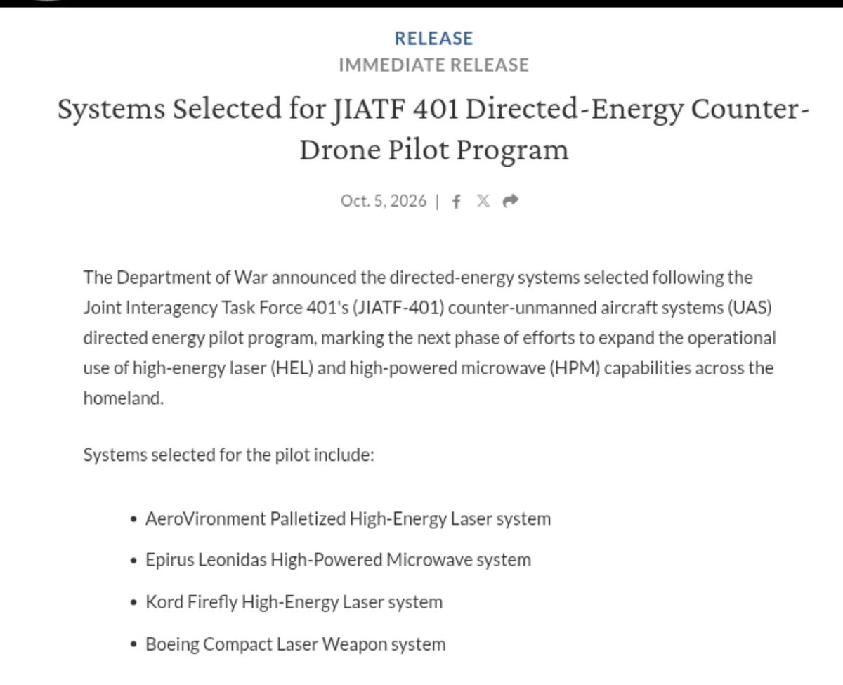 TheIndUSTech's tweet photo. 🇺🇸Department of War is accelerating directed-energy counter-UAS capabilities

- Yesterday DoW Selected four systems for JIATF-401 pilot  @aerovironment Palletized HEL, @epirus Leonidas HPM, Kord Firefly HEL, and @Boeing Compact Laser Weapon.

- Evaluates performance, requirements, costs, and operational best practices under the FY2026 NDAA.

• May: JIATF-401 selected five installations for the pilot and conducted DoW-FAA safety assessments for HEL operations.

• July: DoW announced $86M in initial JLWS agreements, under an $847M program ceiling, targeting ~150-kW prototypes and future 300–500-kW systems.

• August: An Army Multipurpose High Energy Laser was used operationally to defeat three cartel-linked drones along the southern border.

• Next Step JIATF-401 will assess additional systems during a December directed-energy shoot-off at Dugway Proving Ground.