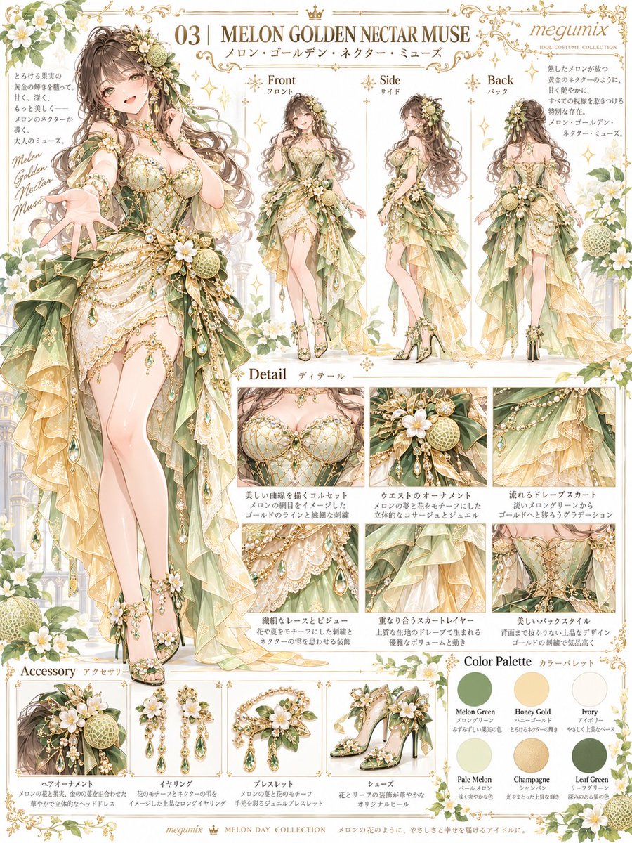 tarotaro_mgm's tweet photo. 🍈✨ megumix Melon Day Collection ✨🍈

メロン・ゴールデン・ネクター・ミューズ
MELON GOLDEN NECTAR MUSE
Golden Melon Nectar Goddess Idol
003/003

テーマ
熟したメロンから滴る黄金のネクターを、
華麗なミューズ衣装へ昇華。メロングリーンと
ハニーゴールドを中心に、金網刺繍、白花、
果実、パール、揺れるジュエルを贅沢に重ね、
甘さの中に大人の華やかさと女神のような
存在感を描きます。

特徴
✨ ハニーゴールド×メロングリーン
💎 宝石を散りばめた金網コルセット
🌼 メロン果実と白花のウエスト装飾
👗 前ミニ×流麗なロングドレープ
🌿 編み上げ仕様のグリーンバックコルセット

※プロンプトは下にあります
❤️ いいね・RP・保存で
応援していただけると励みに
なります！※他の衣装シリーズも
プロフィールからご覧いただけます

#MelonDay
#MegumixCollection #AICostumeCreator

Dress the person in the reference image in this exact Melon Golden Nectar Muse costume, preserving her face and hairstyle. Use melon green, honey gold, champagne, ivory and leaf green. Create a glamorous fitted corset bodice with a sweetheart neckline, gold melon-net lattice embroidery, sculpted cups, delicate floral appliqués, pearls and green crystal drops. Add small off-shoulder floral drapes. Reproduce the skirt exactly: a very short ivory lace mini at the front with layered pale-gold and melon-green draped panels sweeping from the hips into long cascading side and back trains. Keep full hip coverage. Decorate the waist with large green bows, white blossoms, melon-fruit ornaments, pearl chains and hanging jewels. The back uses a fully structured green-and-gold lace-up corset with decorative straps and flowing draped layers. Add floral gold heels and jeweled accessories.