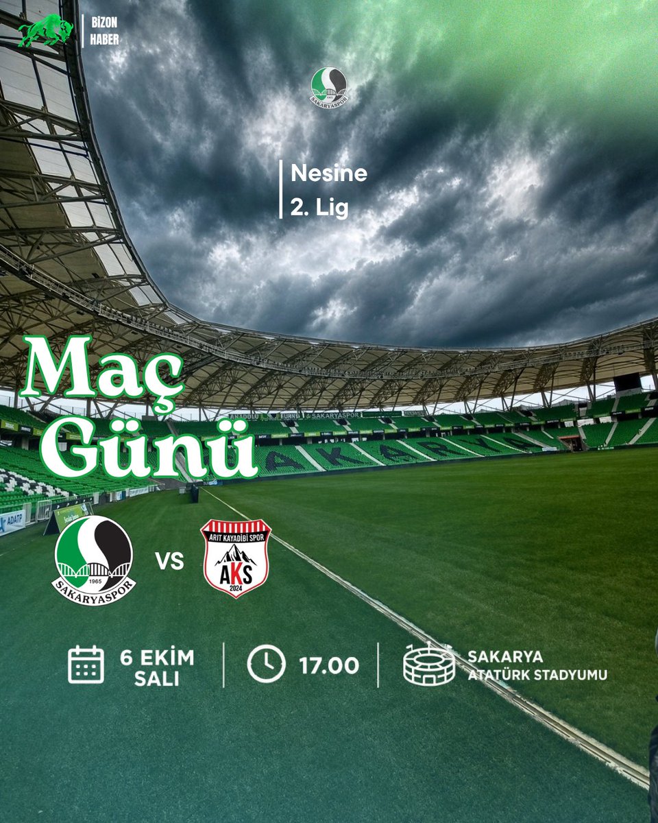 BizonHaber's tweet photo. 🏆 BUGÜN GÜNLERDEN SAKARYASPOR!
  
Sakaryaspor'umuz, Ziraat Türkiye Kupası 2. Eleme Turu mücadelesinde evimizde Arıt Kayadıbı SK'nü konuk ediyor! Hedef: Bir üst tur! 🟢⚫
  
🗓️ 6 Ekim Salı
⏰ 17.00
🏟️ Sakarya Atatürk Stadyumu
📺 A Spor
🆚 Sakaryaspor - Arıt Kayadibi SK
  
💬 Sizce kupa maceramız nasıl bir skorla başlar? Tahminleri alalım! 👇💚🖤 

#Sakaryaspor #BizonHaber #ZiraatTürkiyeKupası #ZTK #Tatangalar
