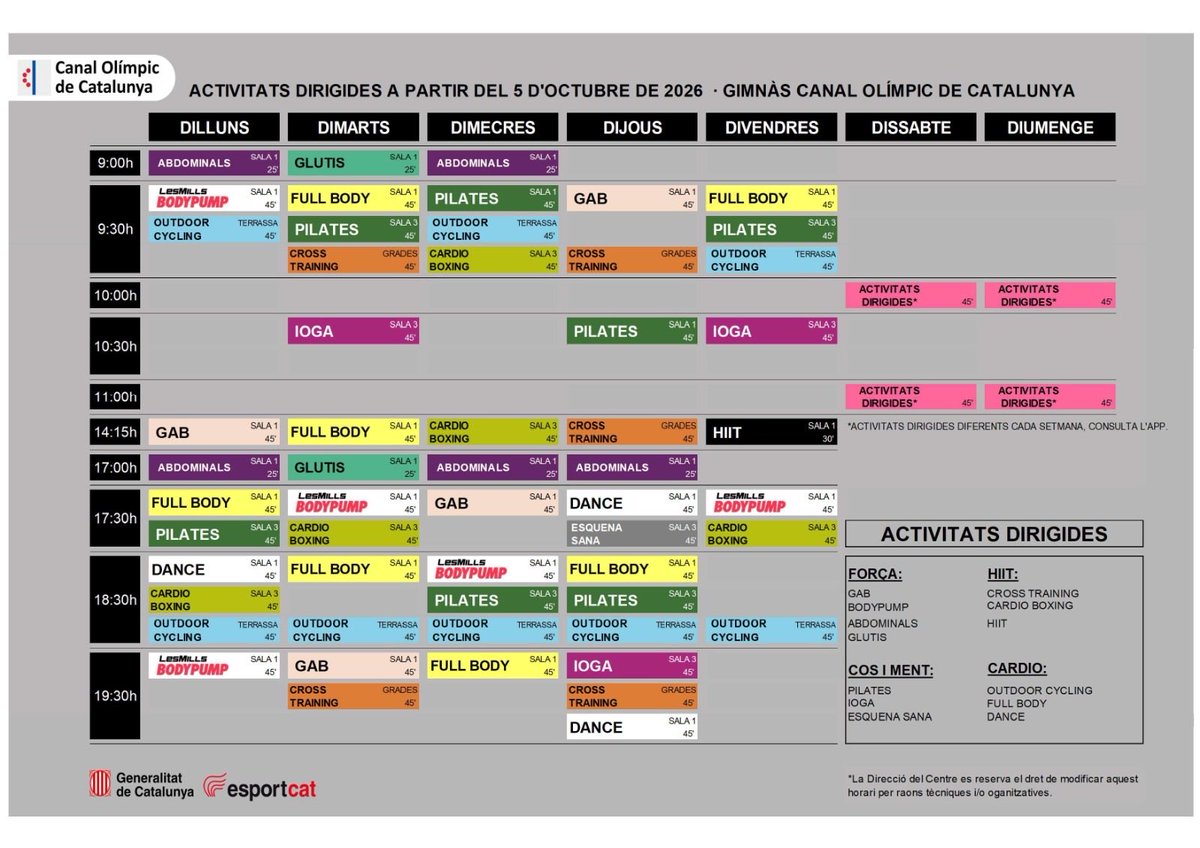 canalolimpiccat's tweet photo. Descobreix la nostra programació d'activitats dirigides! 💪🏼
•
Consulta l'horari i tria les classes que més t’agradin. 🏋🏻‍♂️🧘🏻‍♀️

👉🏼 Mira l’horari, reserva el teu moment i vine a donar-ho tot!
•
T’hi esperem! 🙌🏼
•
#esportcat #canalolimpiccat https://t.co/IynUgQn9Ka