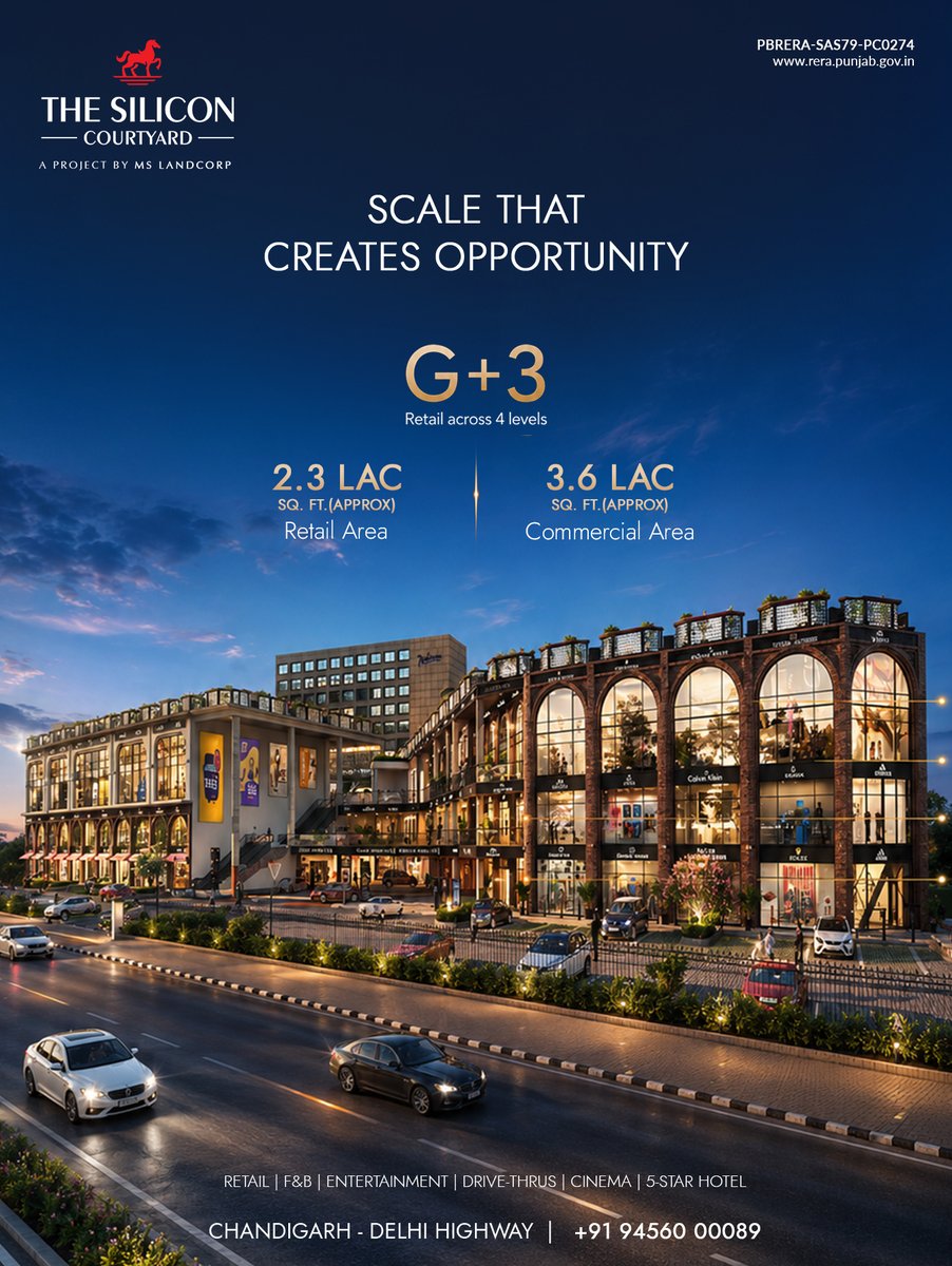 TSCourtyard's tweet photo. Scale matters when it creates room for possibility.
With a multi-level retail format &amp; substantial commercial space, The Silicon Courtyard offers businesses the scale, visibility, and flexibility to build for long-term success.
📍 The Silicon Courtyard, Chandigarh-Delhi Highway https://t.co/c5JlRItBjY