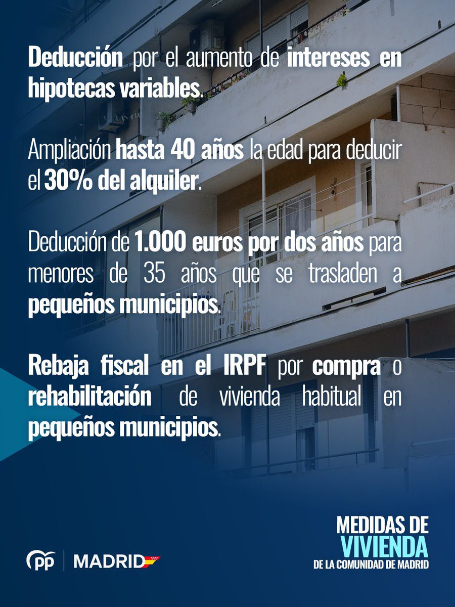 ppcarabanchel's tweet photo. @ComunidadMadrid 🔵 Medidas de vivienda en la @ComunidadMadrid:

- Deducción por el aumento de intereses en hipotecas variables.

- Ampliación hasta 40 años la edad para deducir el 30% del alquiler. https://t.co/m5iMxh6j0Y