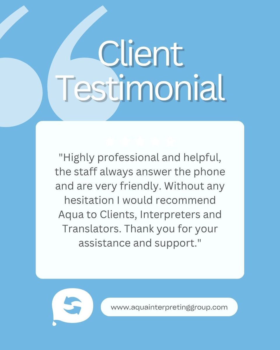 AquaInterpreter's tweet photo. π Professional. Friendly. Reliable.
Feedback like this makes it all worthwhile. Thank you for trusting Aqua. π
#aquainterpreting #testimonial #languageservices https://t.co/RKm4Tb3K52