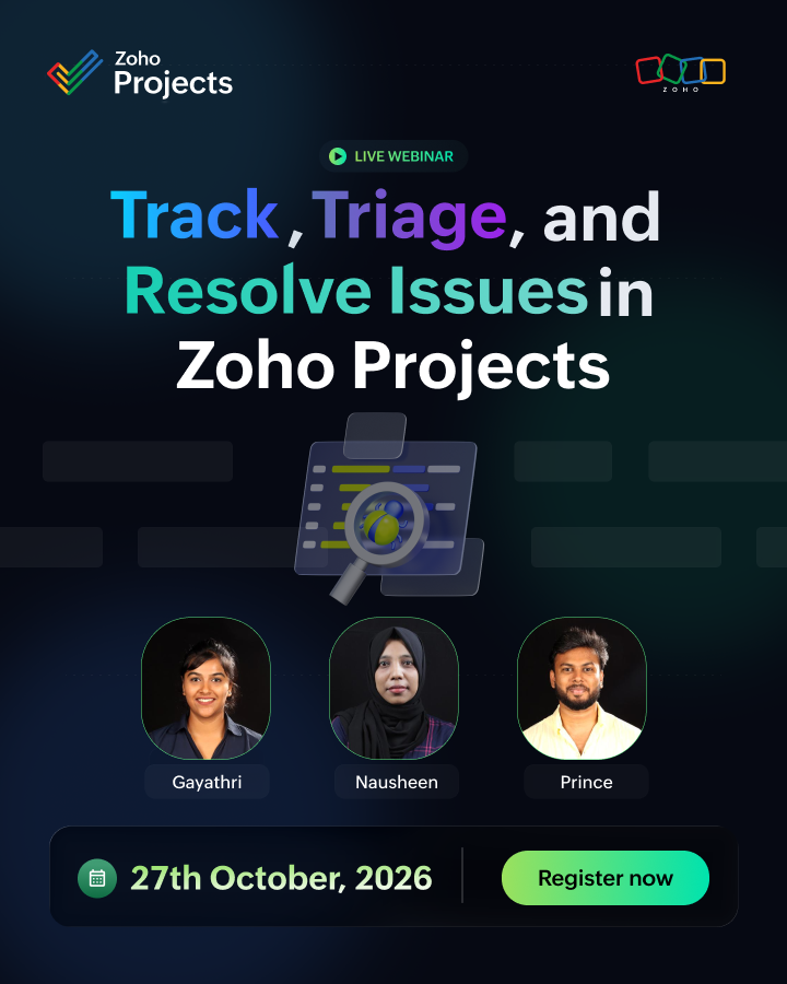 ZohoProjects's tweet photo. Two live Zoho Projects webinars this October:

13th Oct: Blueprint 101, turn your best process into your default

27th Oct: Track, Triage, and Resolve Issues

Register for both: https://t.co/tNrHCQWNIX https://t.co/uacF0ocvxi