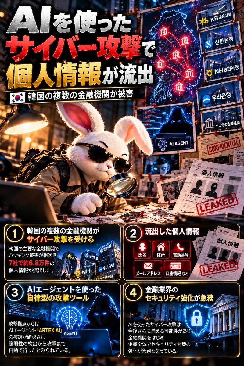 CryptoRabi888's tweet photo. 【衝撃】🚨
AIを使ったサイバー攻撃で
金融機関の個人情報が流出

韓国の複数の金融機関が
相次いでサイバー攻撃を受けた。

現時点で
2万5000人超の個人情報が流出。

さらに今回の攻撃では

「AIエージェント」を使った
自律型の侵入ツールの痕跡も確認。

ネット上に公開された
WebシステムやAPIの脆弱性を探し

攻撃経路を自動で判断して
侵入を実行するタイプだという。

これまで
「AIで仕事が効率化する」
と言われてきたが、

同じAIが
サイバー攻撃の自動化にも
使われ始めている。

金融機関にとって
AI時代のセキュリティ対策は
待ったなしになってきた。

そしてこれは
Crypto・Web3にも無関係ではない。

#AI #サイバーセキュリティ #Web3