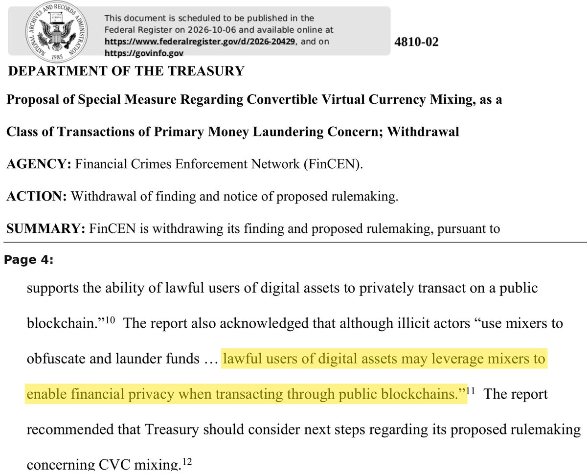 EliNagar's tweet photo. A big, quiet concession from the US Government today.

They acknowledge that people have legitimate reasons to keep their finances private.
I'm glad we've established that wanting privacy doesn't make you a criminal.

Next step, protections for privacy developers. https://t.co/kDlFnPU6Xb