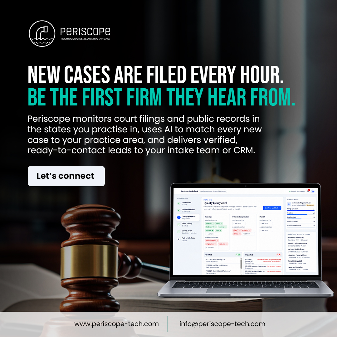 PeriscopeTechno's tweet photo. New cases are being filed every hour.

The question isn't whether opportunities exist.

It’s whether your firm finds them early enough.

Being first can matter more than being bigger.

#LegalTech #LegalAI #LawFirmGrowth https://t.co/O6eT9YiAzY