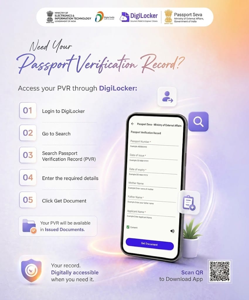 airnews_pb's tweet photo. Need your Passport Verification Record (PVR)? Access it easily through DigiLocker—secure, digital, and available anytime, anywhere.
📲 Search → Enter Details → Get Document → Access in Issued Documents.
#DigitalIndia #DigiLocker #PassportSeva #PVR #MeitY #DigitalIndia https://t.co/4vHuBBaPlb