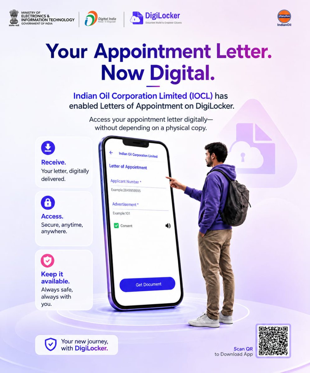 GoI_MeitY's tweet photo. Your new journey, now more digital. 📄✨
IOCL Letters of Appointment are now available on DigiLocker — receive, access and keep them securely available anytime, anywhere.
#DigiLocker #IOCL #DigitalIndia #PaperlessGovernance https://t.co/2a54w1PdPZ