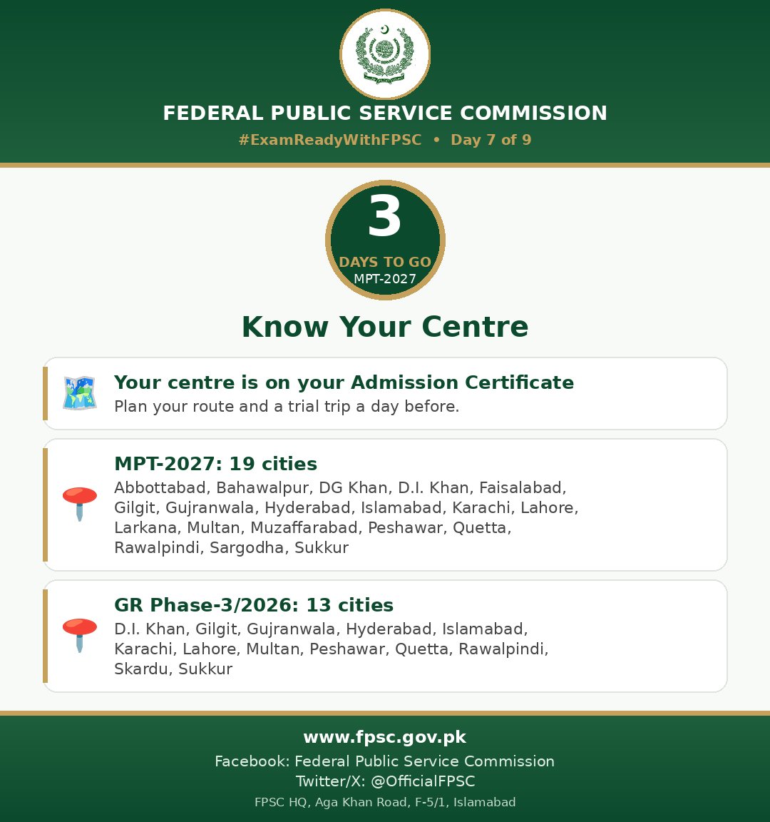 OfficialFpsc's tweet photo. 3 days to go. Your centre is on your Admission Certificate. Plan your route and do a trial trip a day before. MPT-2027 in 19 cities, GR Phase-3 in 13.
#ExamReadyWithFPSC #FPSC #MPT2027 https://t.co/Y9IHNQ9kbo